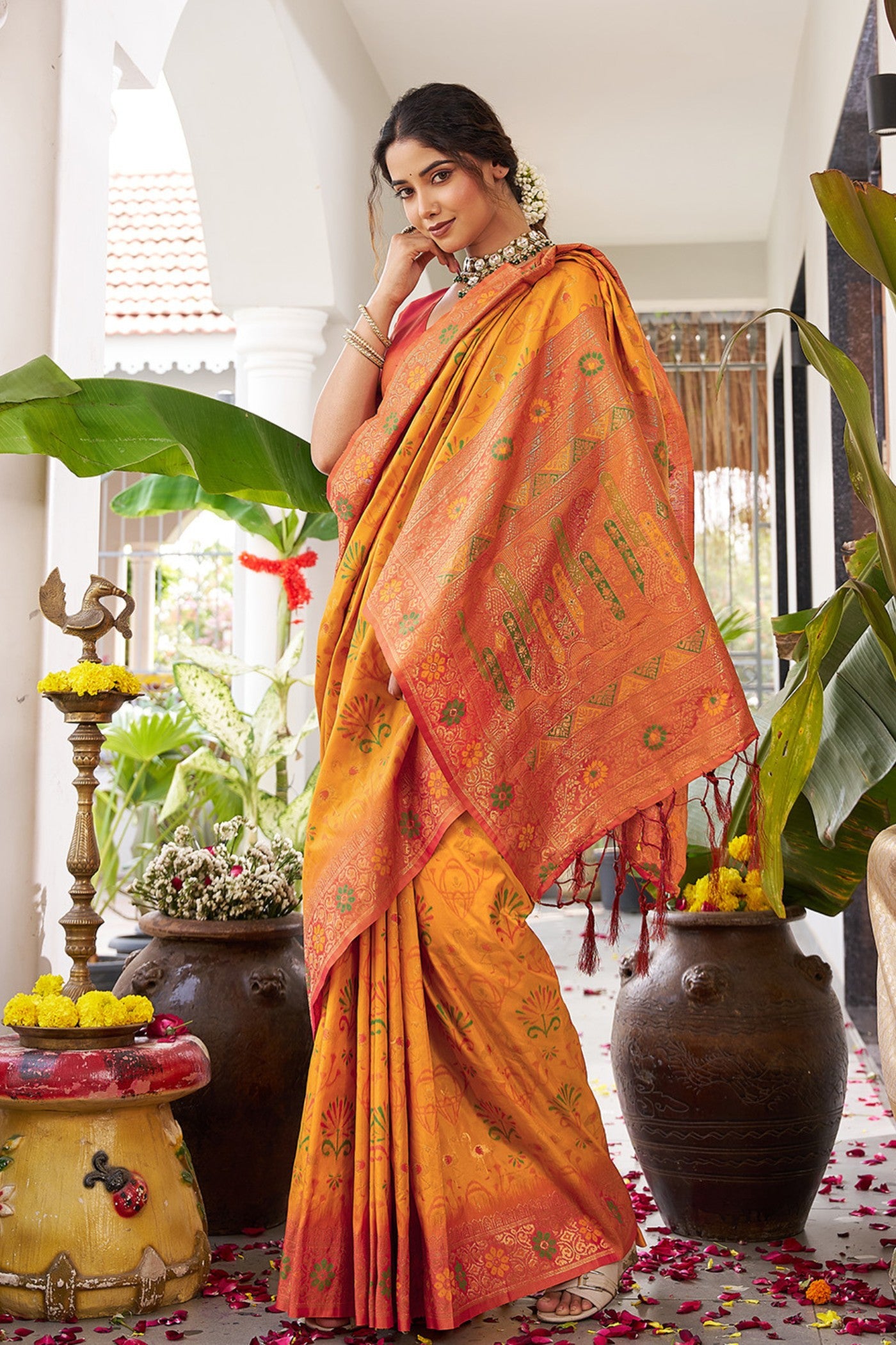 Buy MySilkLove Saffron Yellow Banarasi Woven Soft Silk Saree Online