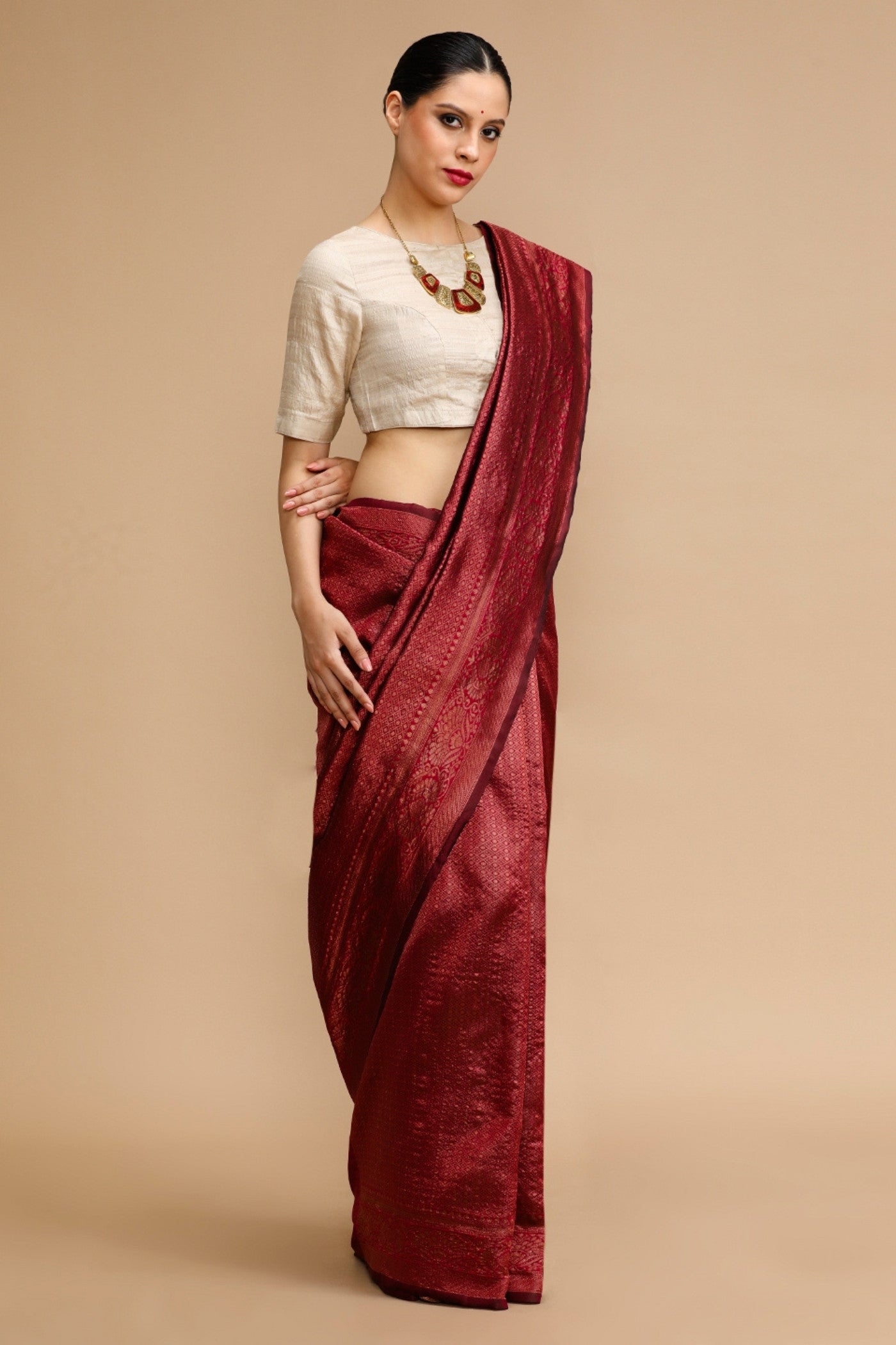 Buy MySilkLove Bordeaux Maroon Woven Jacquard Lichi Silk Saree Online