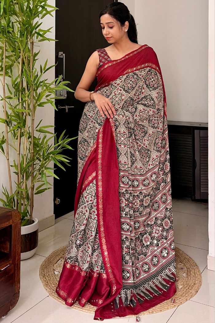 Buy MySilkLove Beige Red and Red Modal Ajrakh Satin Printed Mirror Work Saree Online