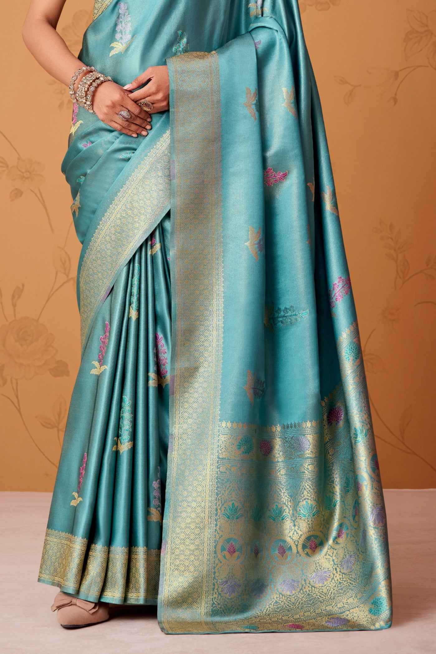 Buy MySilkLove Celtic Blue Handloom Satin Silk Saree Online