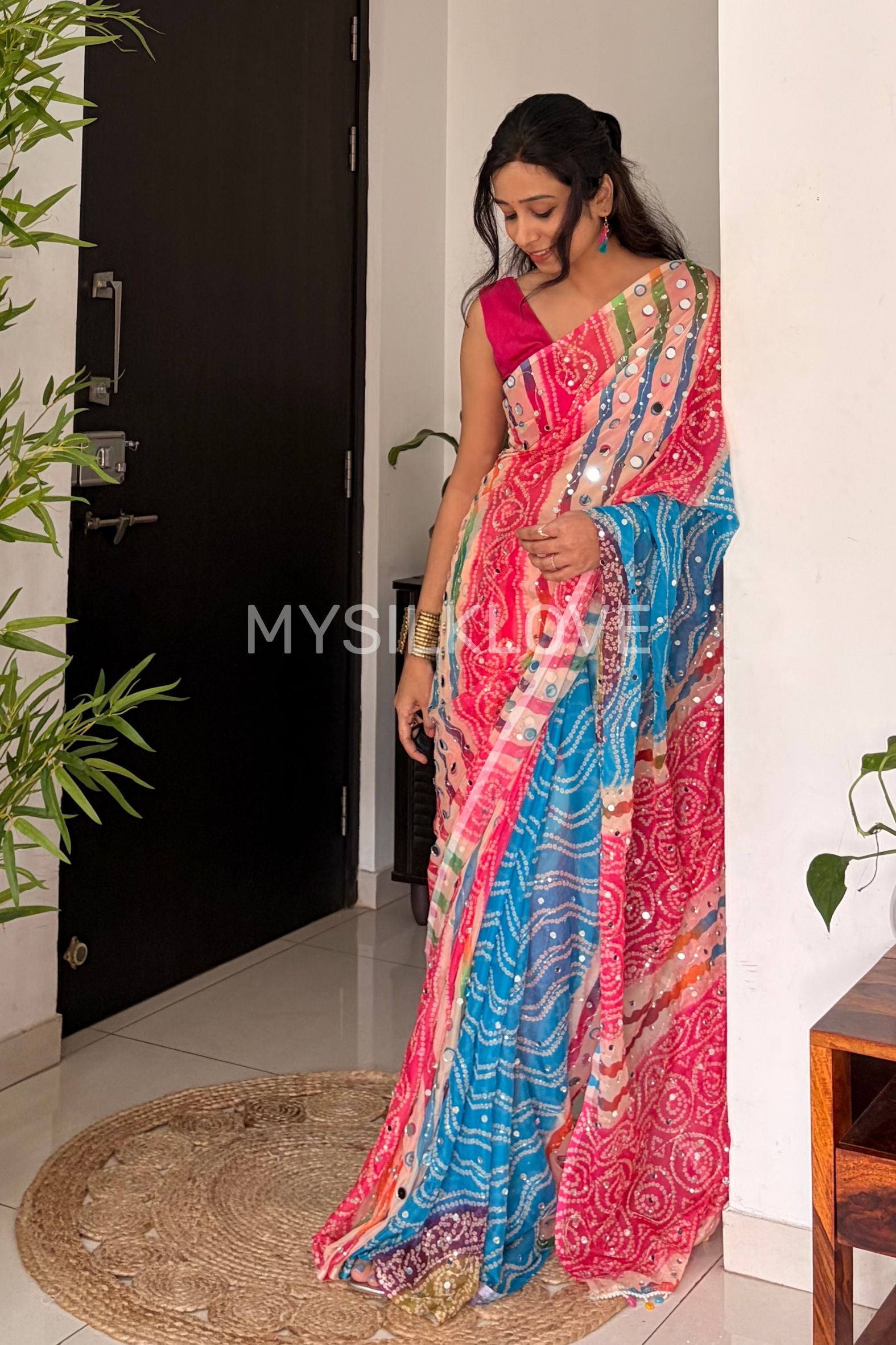 Buy MySilkLove Zareen Khan Inspired: Pink and Blue Pure Georgette Mirror Work Saree Online