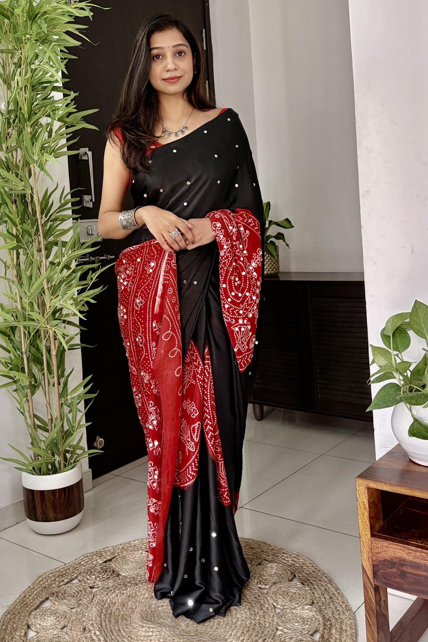 Buy MySilkLove Charcoal Black and Red Gaji Bandej Satin Soft Silk Saree Online