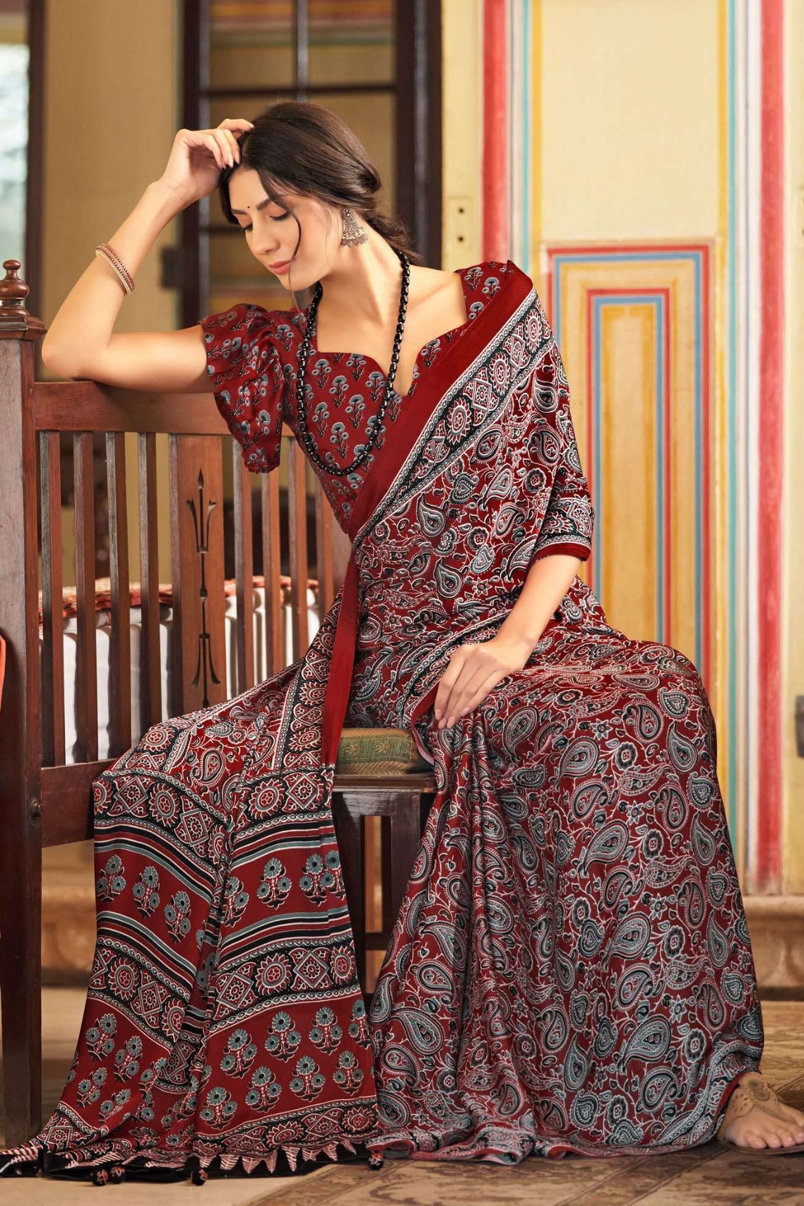 Buy MySilkLove Nutmeg Dark Red Ajrakh Printed Satin Crepe Saree Online