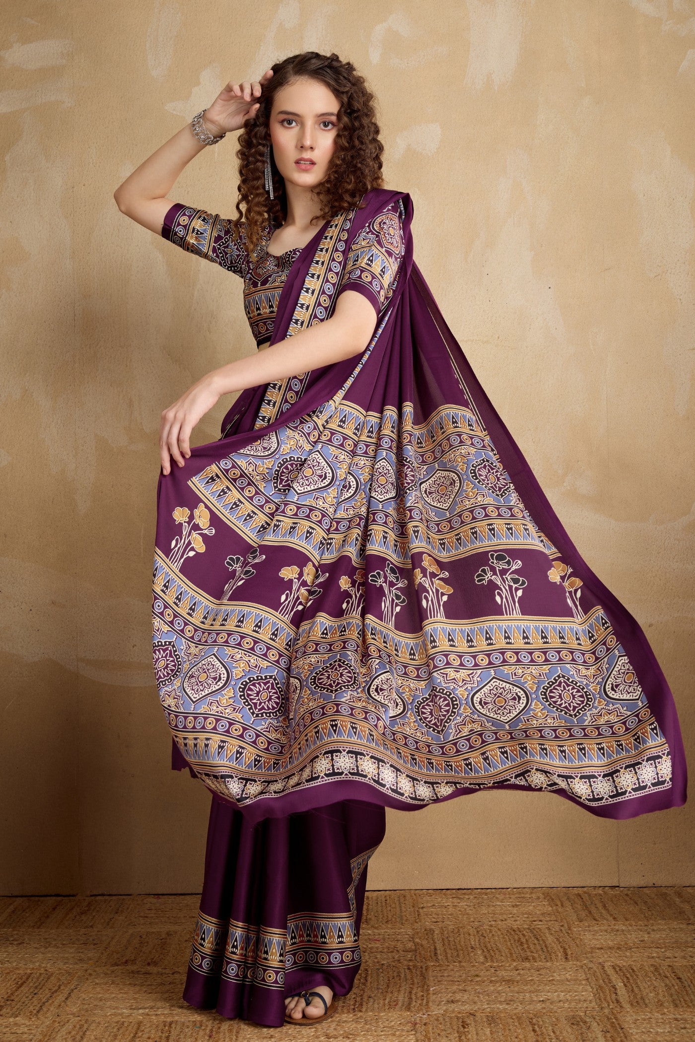 Buy MySilkLove Irises Purple Ajrakh Printed Satin Crepe Silk Saree Online