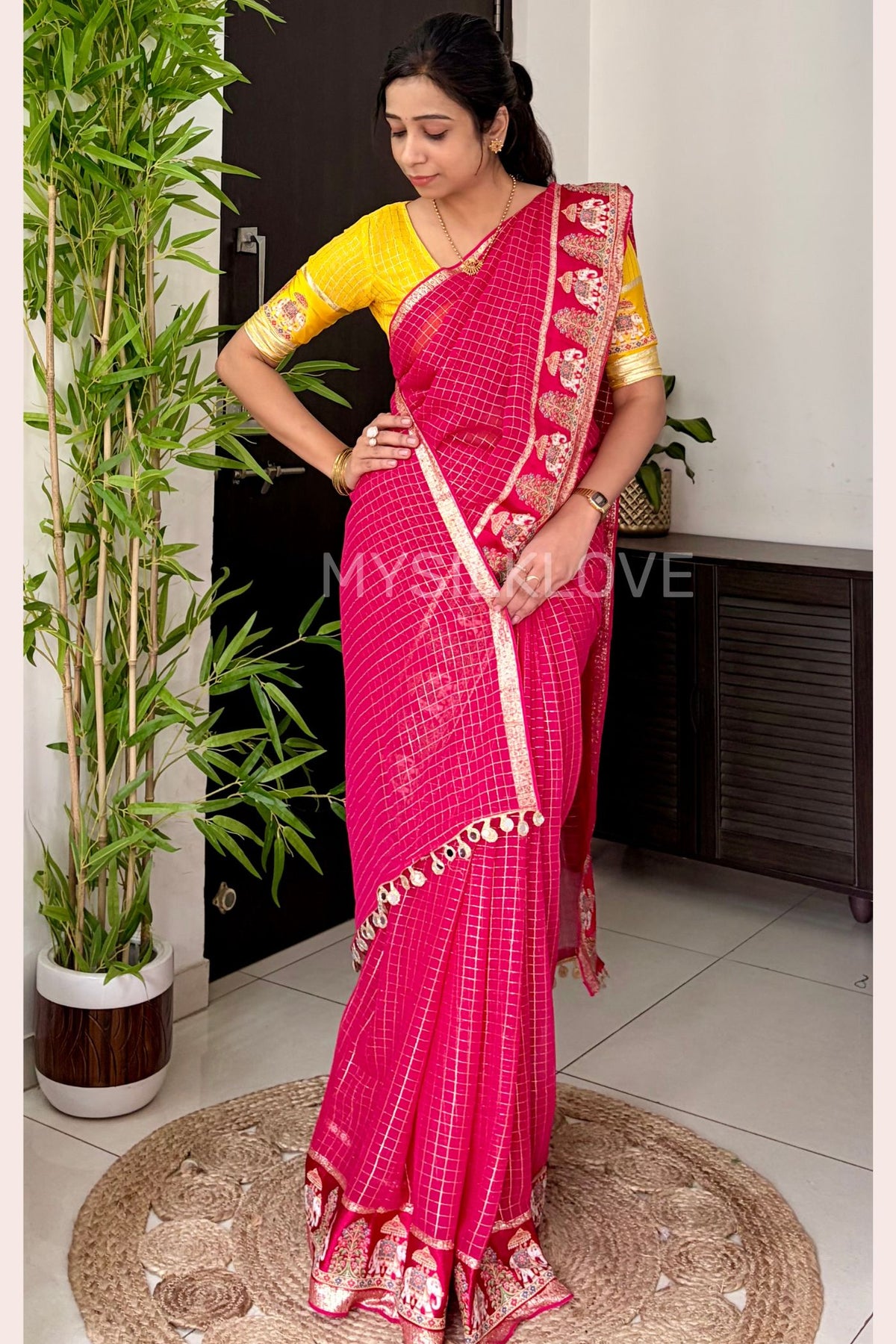 Buy MySilkLove Pink Lotus Georgette Check Pattern Designer Saree With Contrast Blouse Online