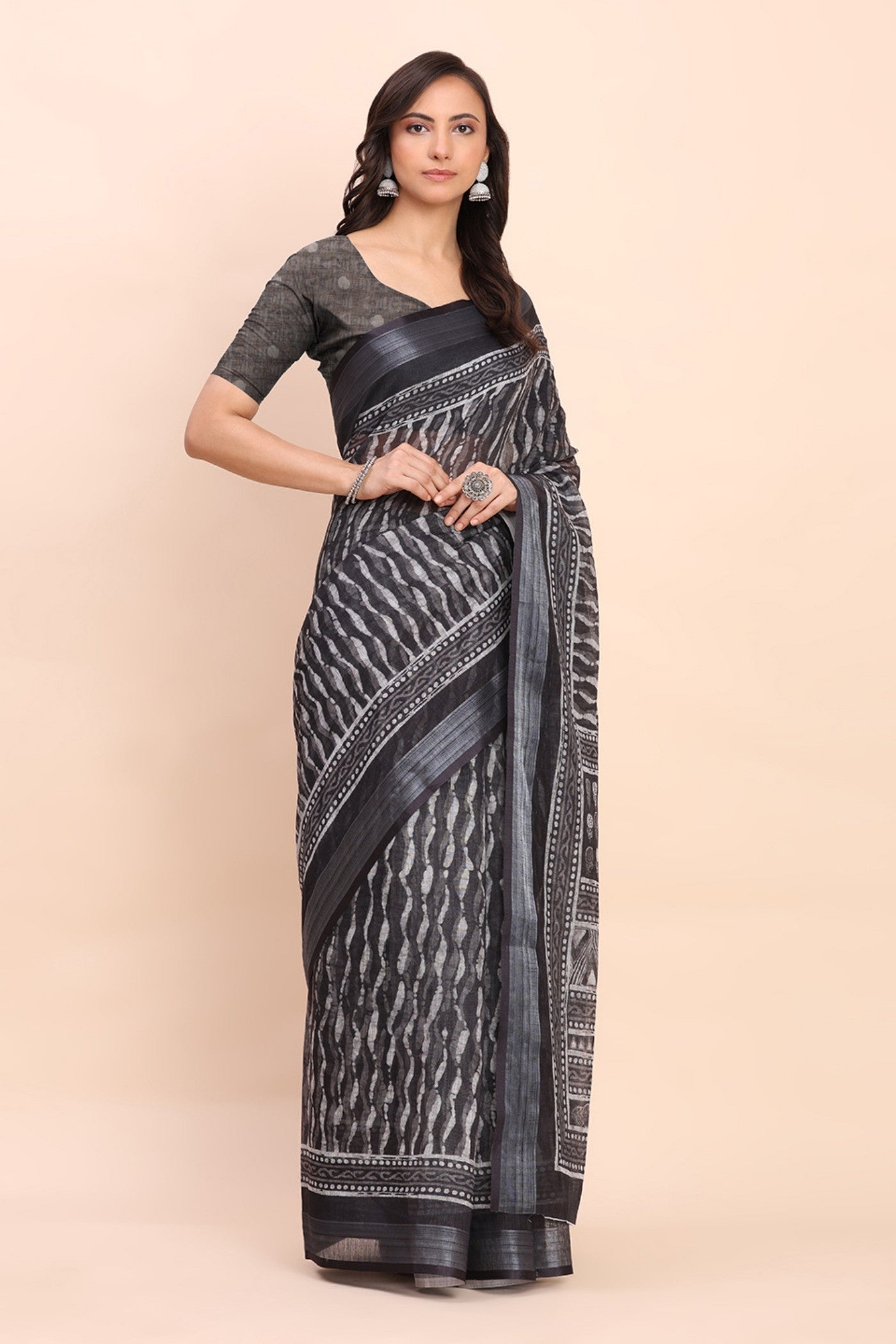 Buy MySilkLove Battleship Grey Woven Linen Cotton Saree Online