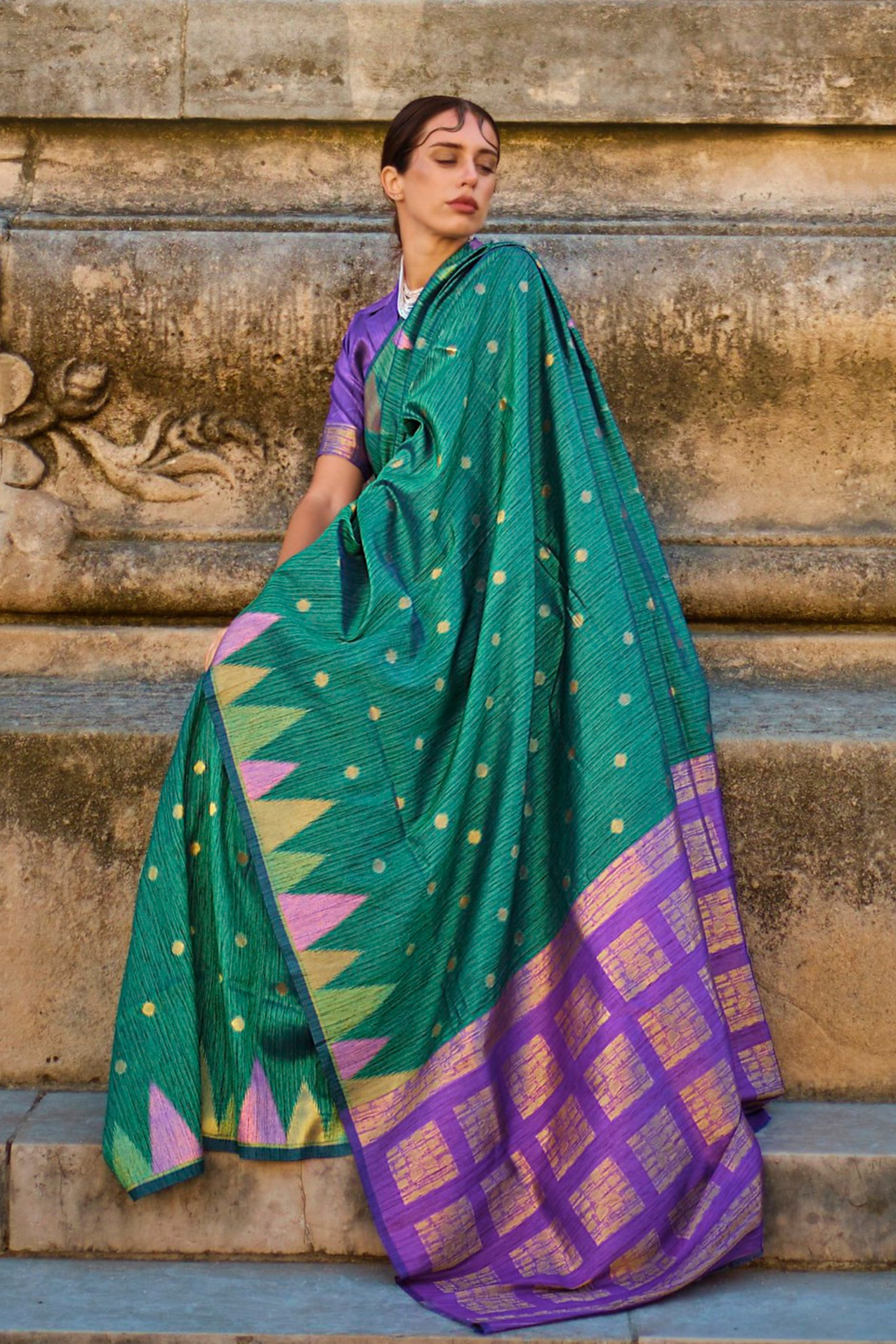 Buy MySilkLove Sea Green South Tussar Temple Border Silk Saree Online