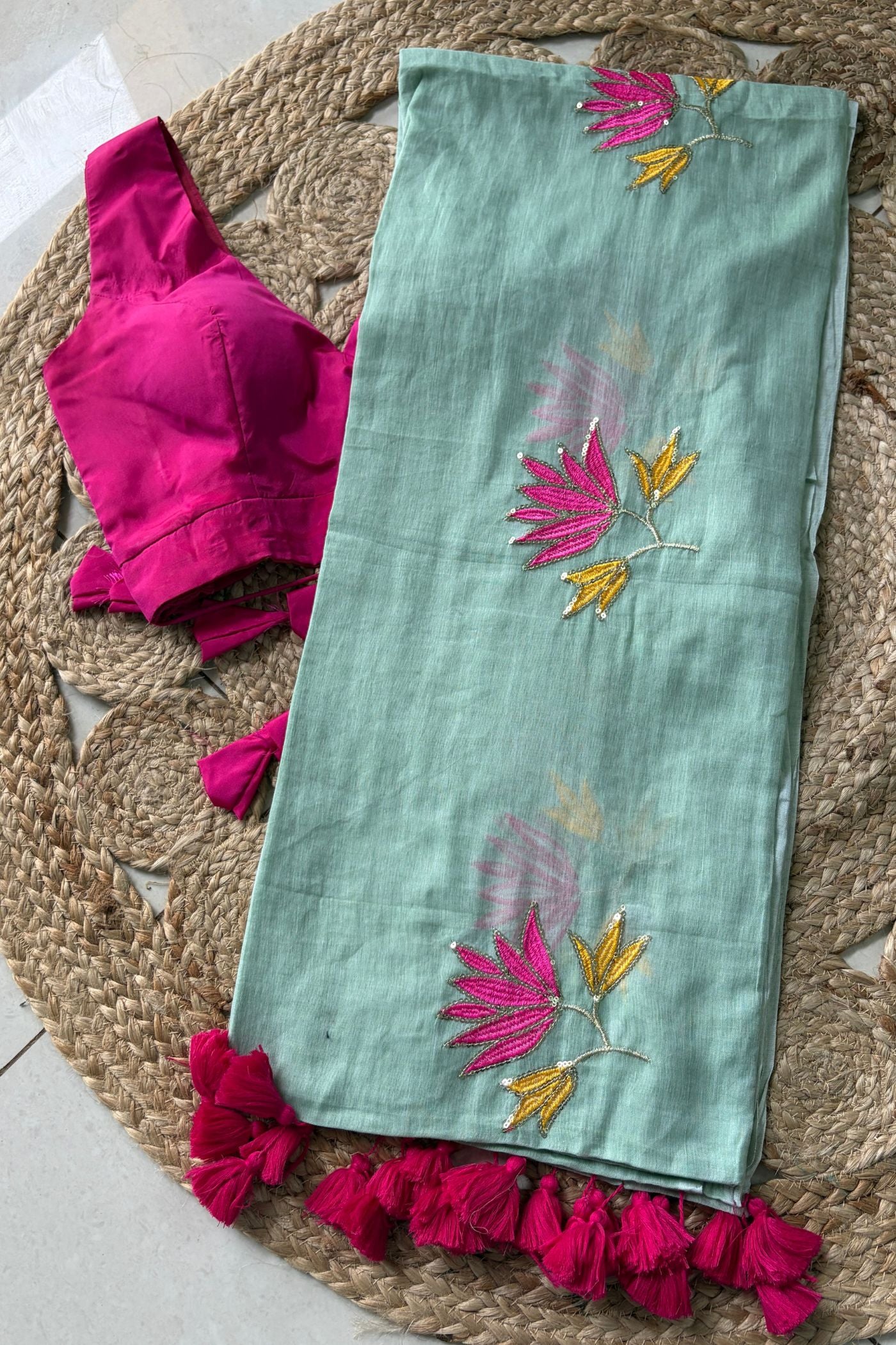 Buy MySilkLove Ocean Blue Pure Mul Mul Cotton Lotus Sequin Work Saree Without Blouse Online