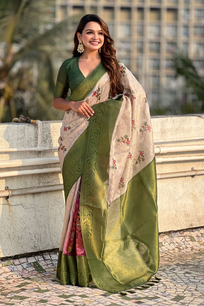 Buy MySilkLove Heathered Cream and Green Woven Cotton Saree Online