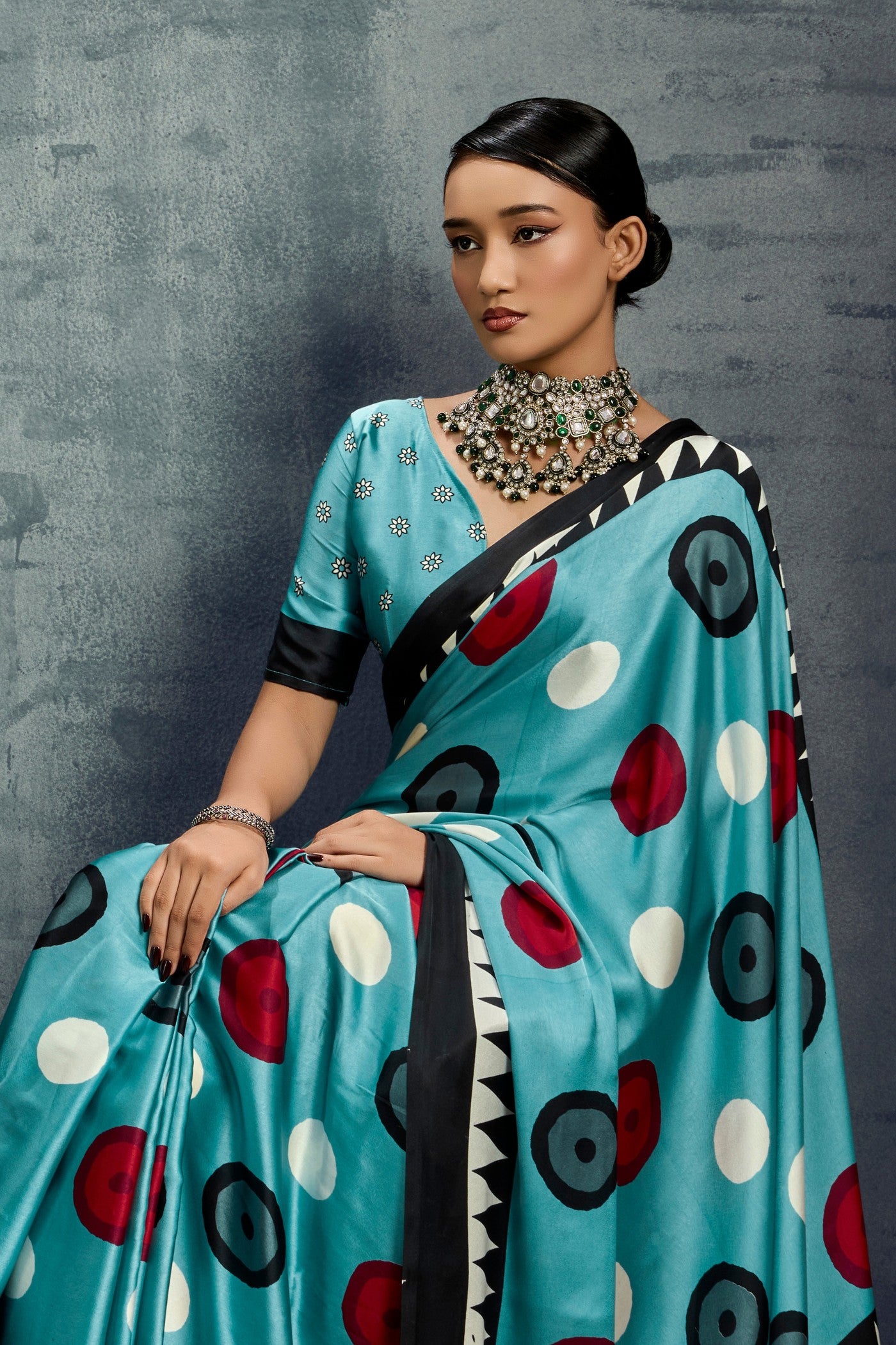 MySilkLove Dusty Blue Ajrakh Printed Satin Crepe Silk Saree