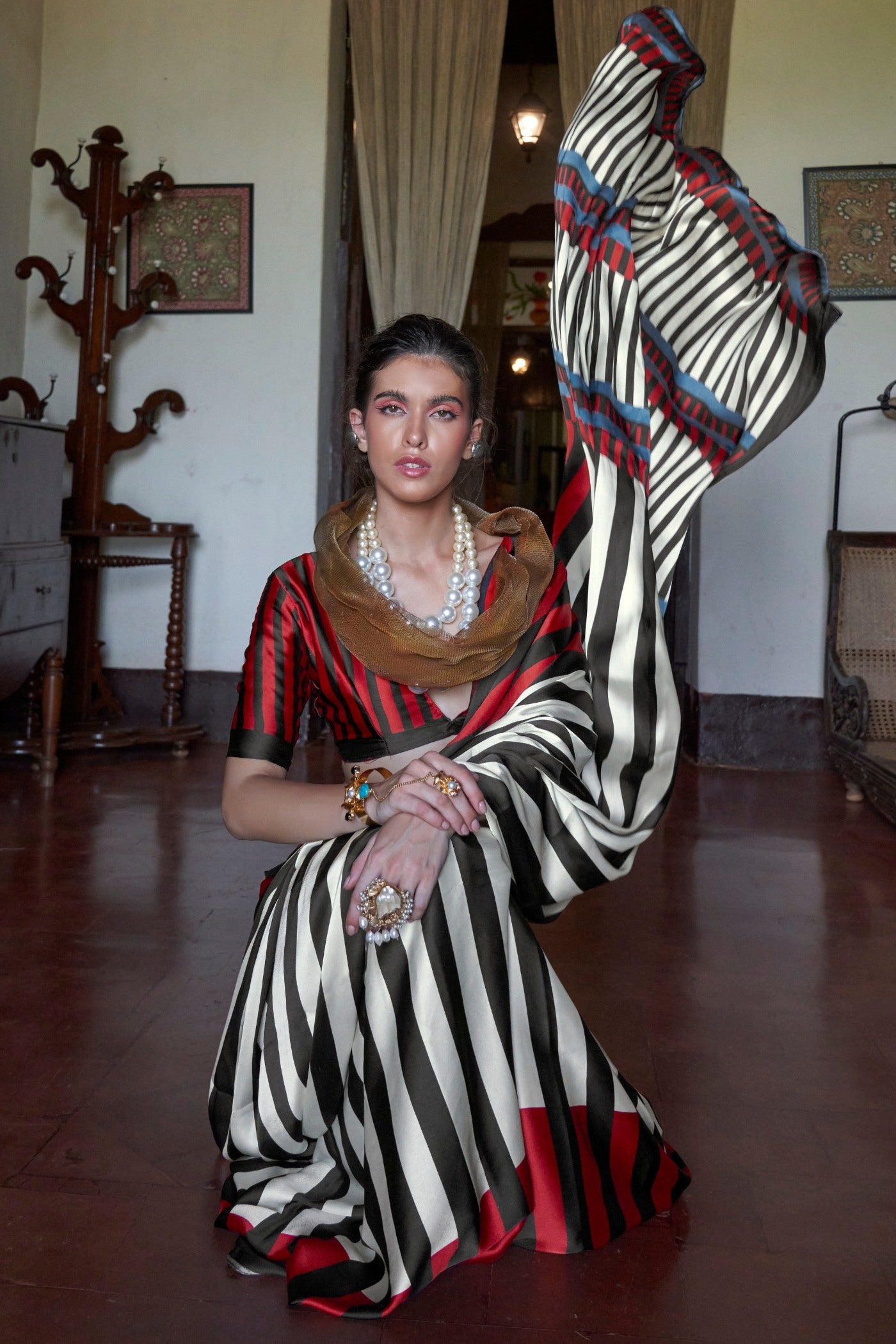 MySilkLove Crow Black and White Stripes Printed Satin Crepe Silk Saree