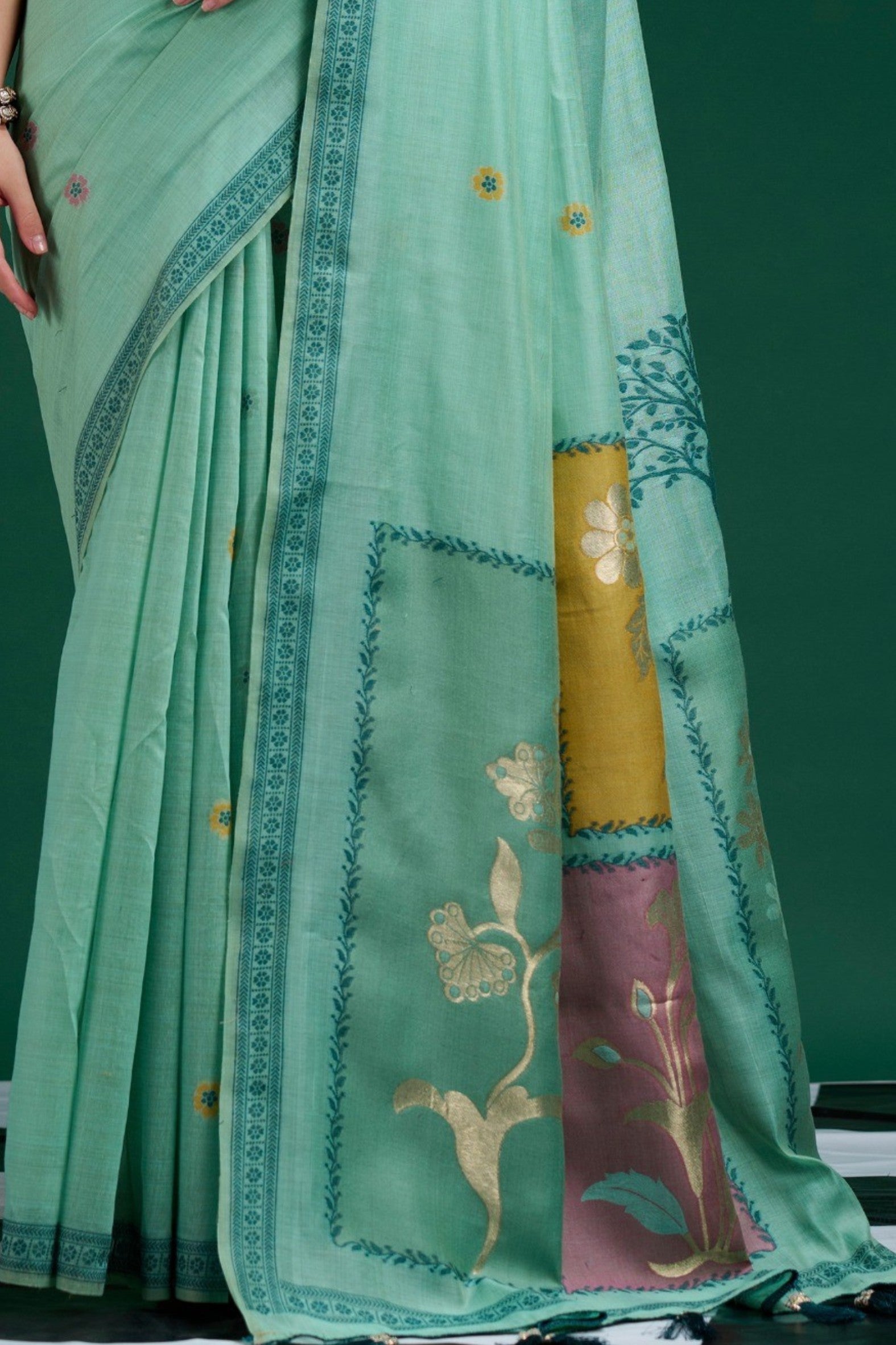 Buy MySilkLove Spring Blue Jamdani Woven Muga Cotton Saree Online