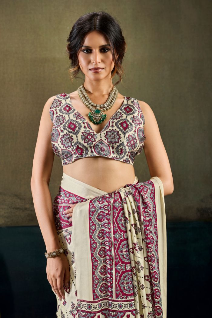 Buy MySilkLove Windsor Cream Modal Ajrakh Satin Printed Silk Saree Online