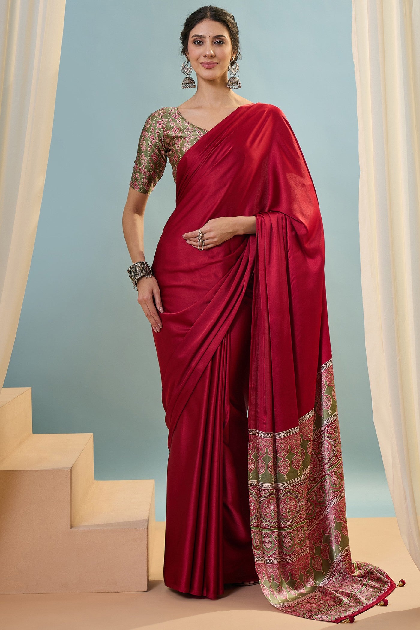 Buy MySilkLove Lumen Red Ajrakh Printed Satin Crepe Silk Saree Online