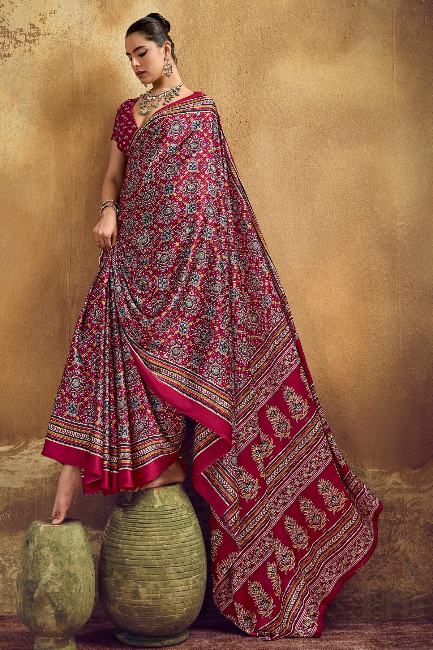Buy MySilkLove Angare Maroon Modal Ajrakh Satin Printed Silk Saree Online