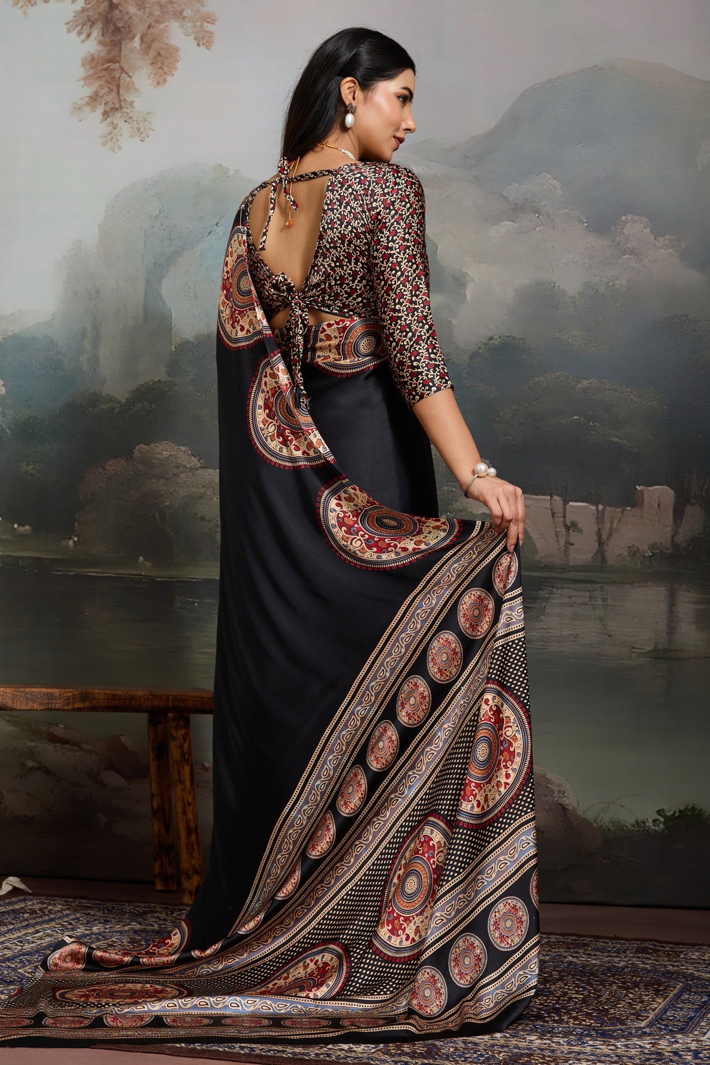 Buy MySilkLove Stone Black Modal Ajrakh Printed Silk Saree Online