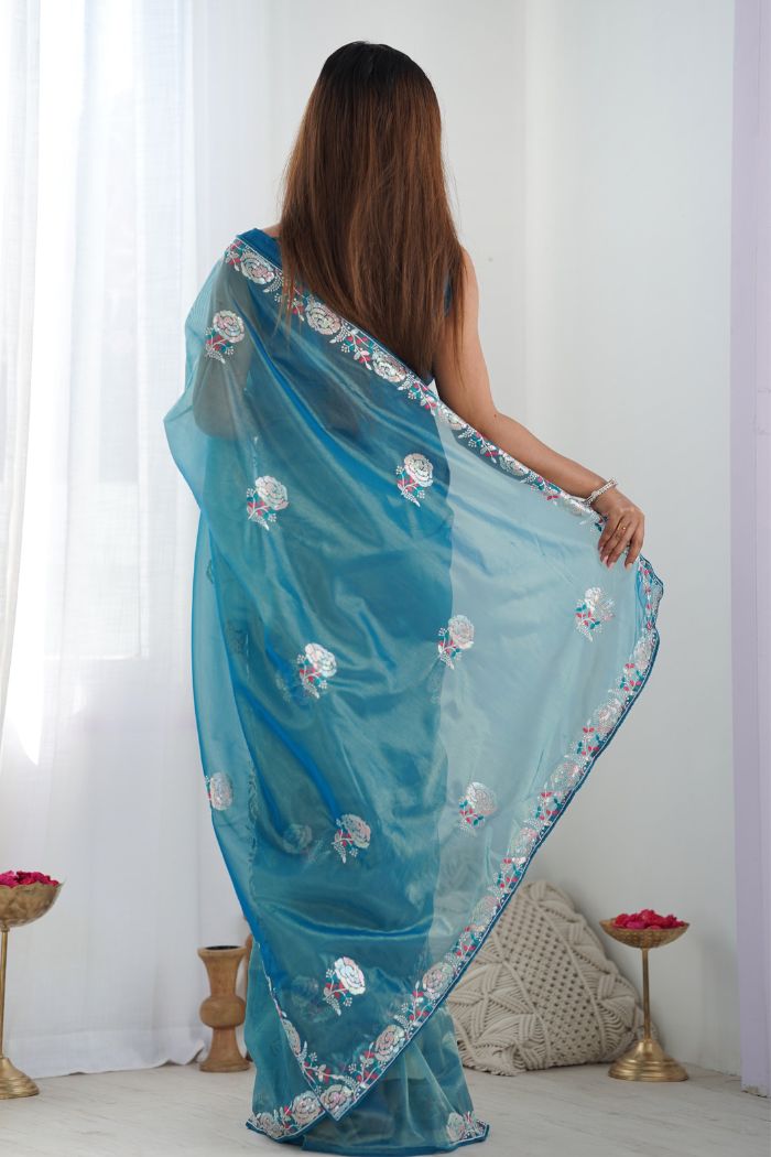 Buy MySilkLove Venice Blue Partywear Net saree Online
