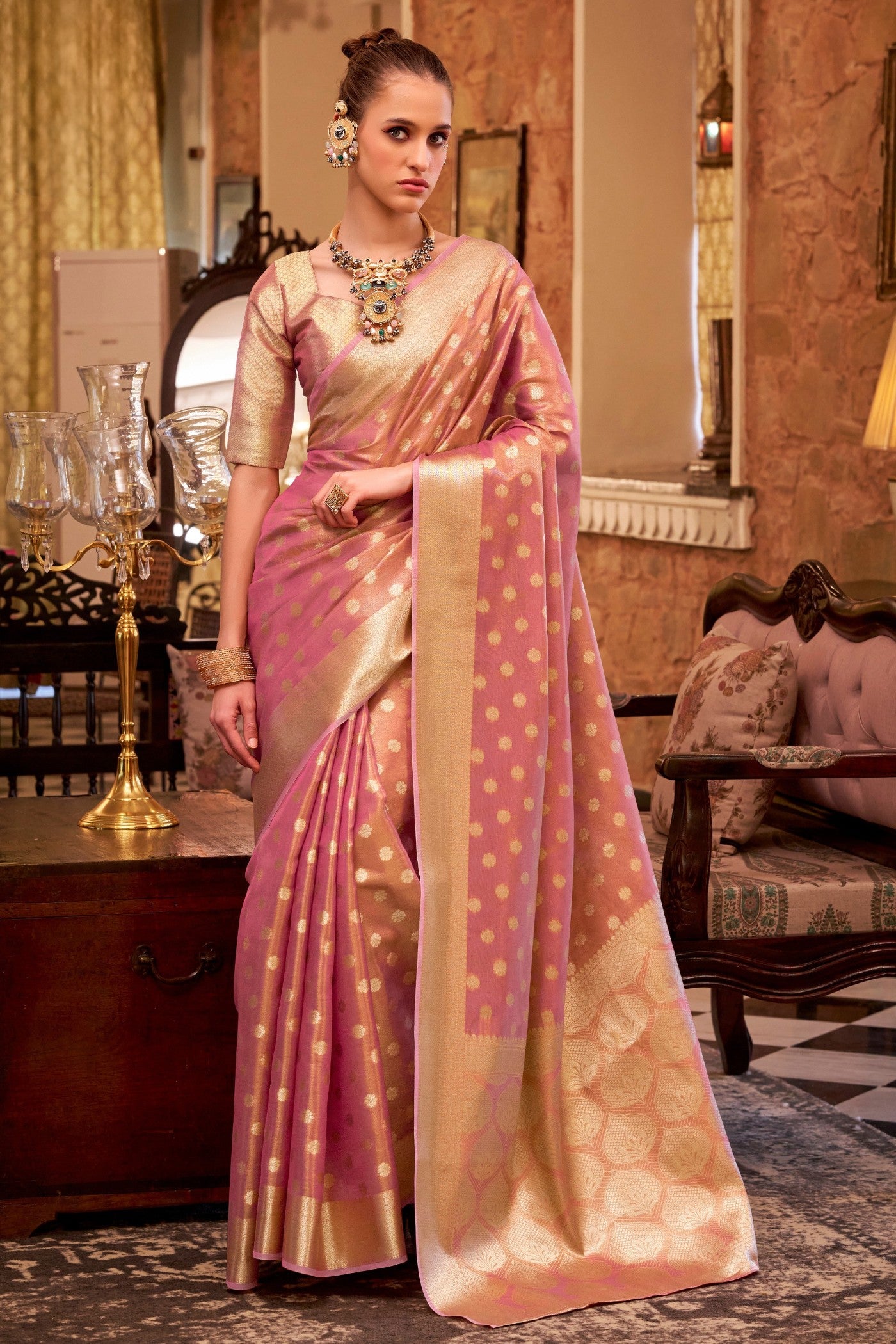 Buy MySilkLove Rose Peach Woven Tissue Silk Saree Online