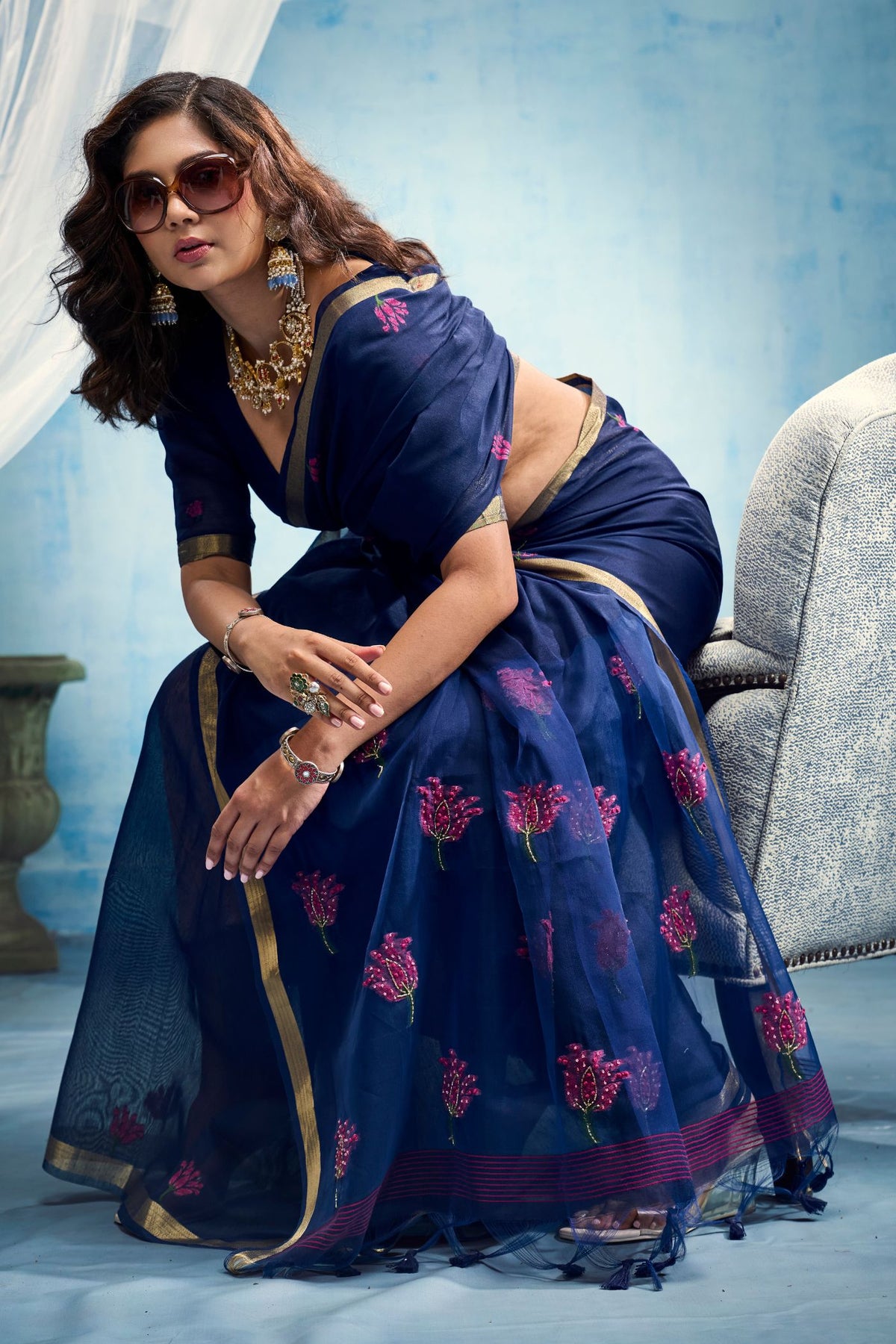 Buy MySilkLove Navy Blue Munga Handloom Cotton Saree Online