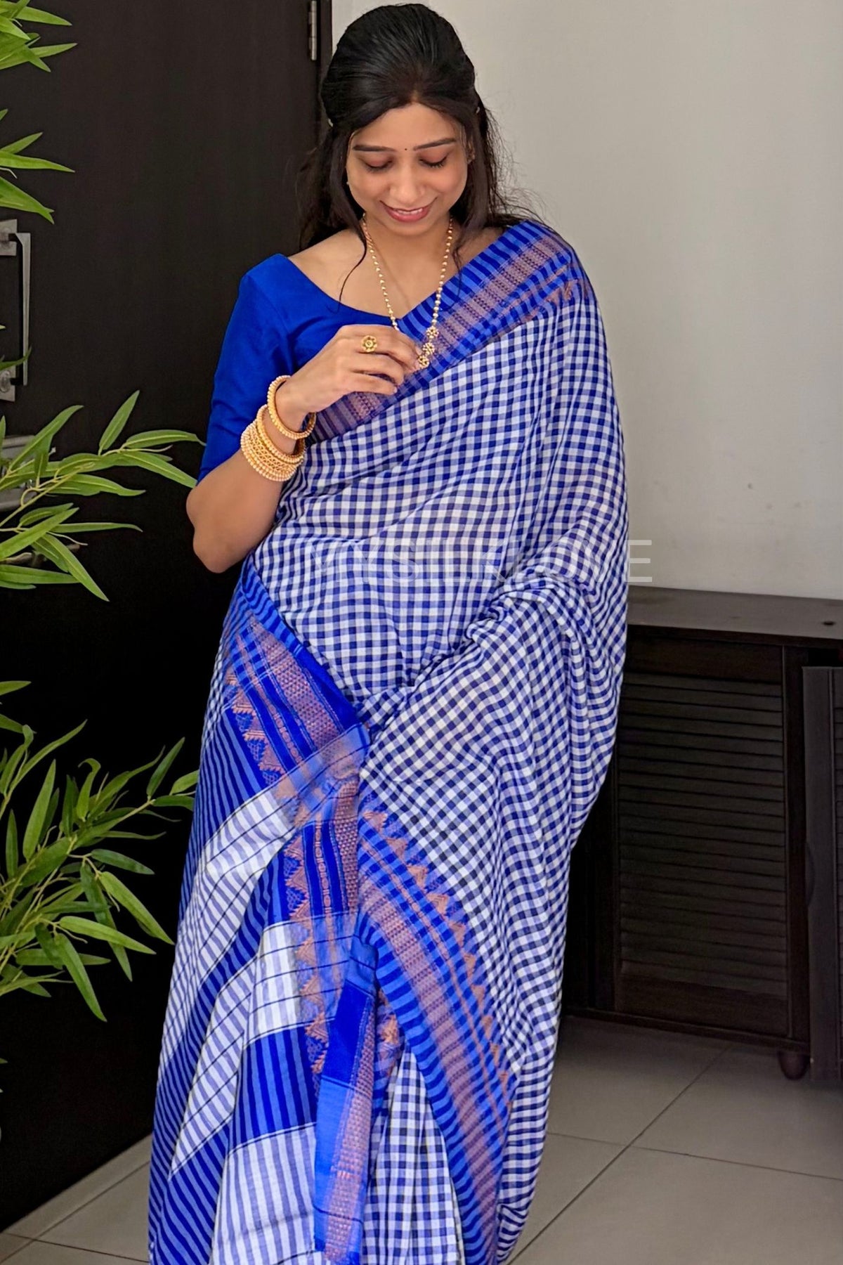 Buy MySilkLove Regal Blue Soft Cotton Check Pattern Irkal Saree Online