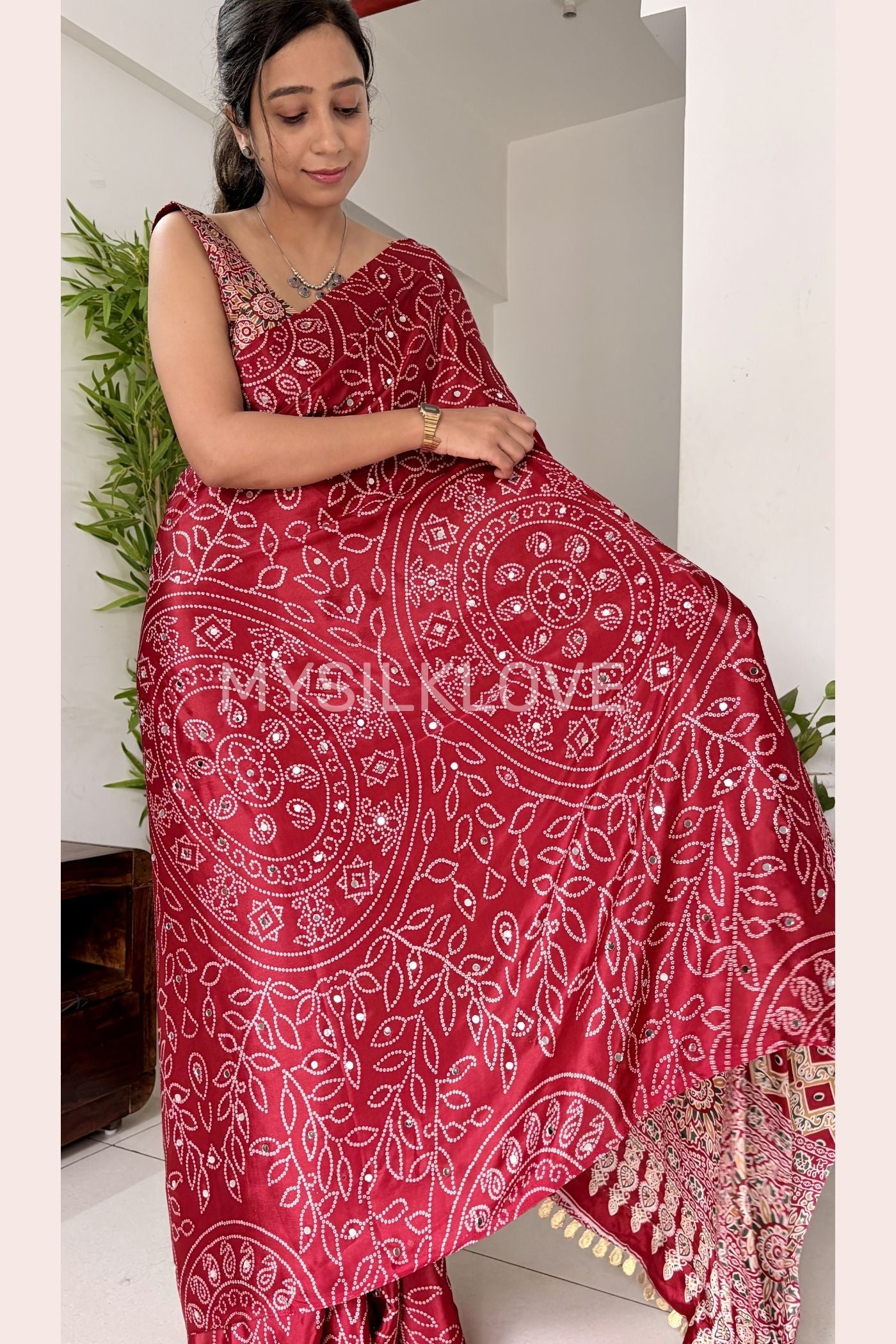 Buy MySilkLove Ruby Red Bandhani Fusion Ajrakh Pallu Mirror Work Saree Online