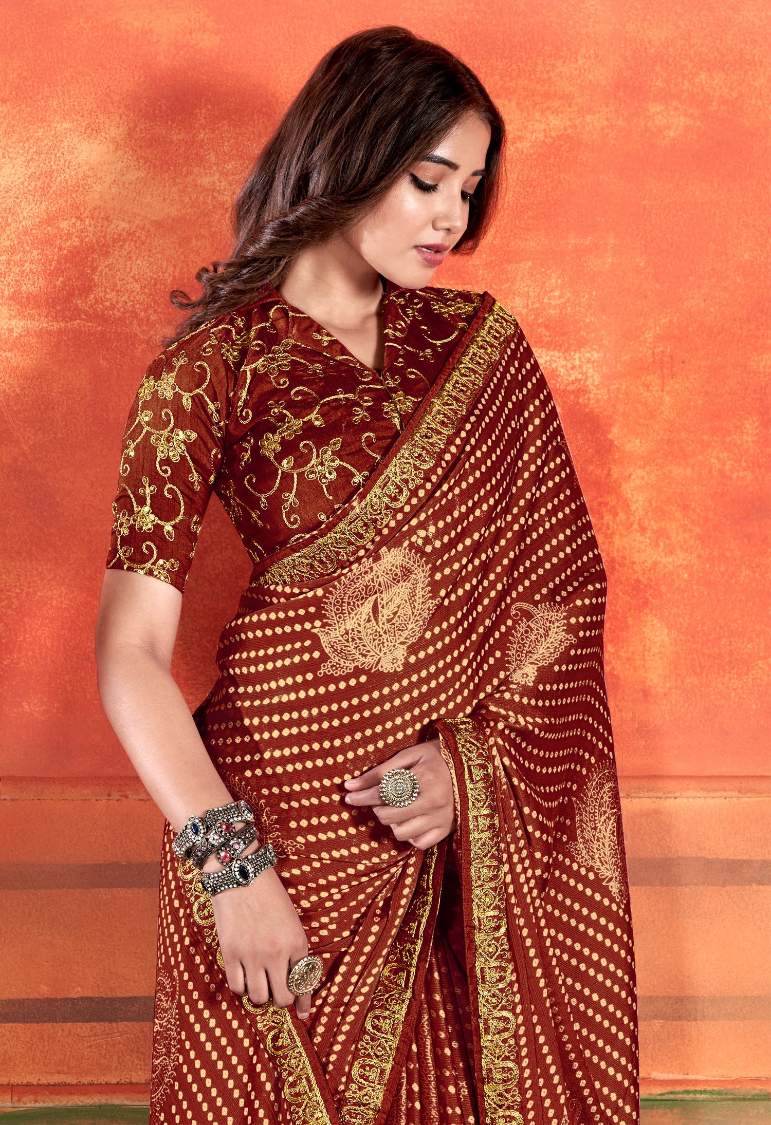 MySilkLove Sepia Skin Brown Chiffon Saree With Embroidery Work