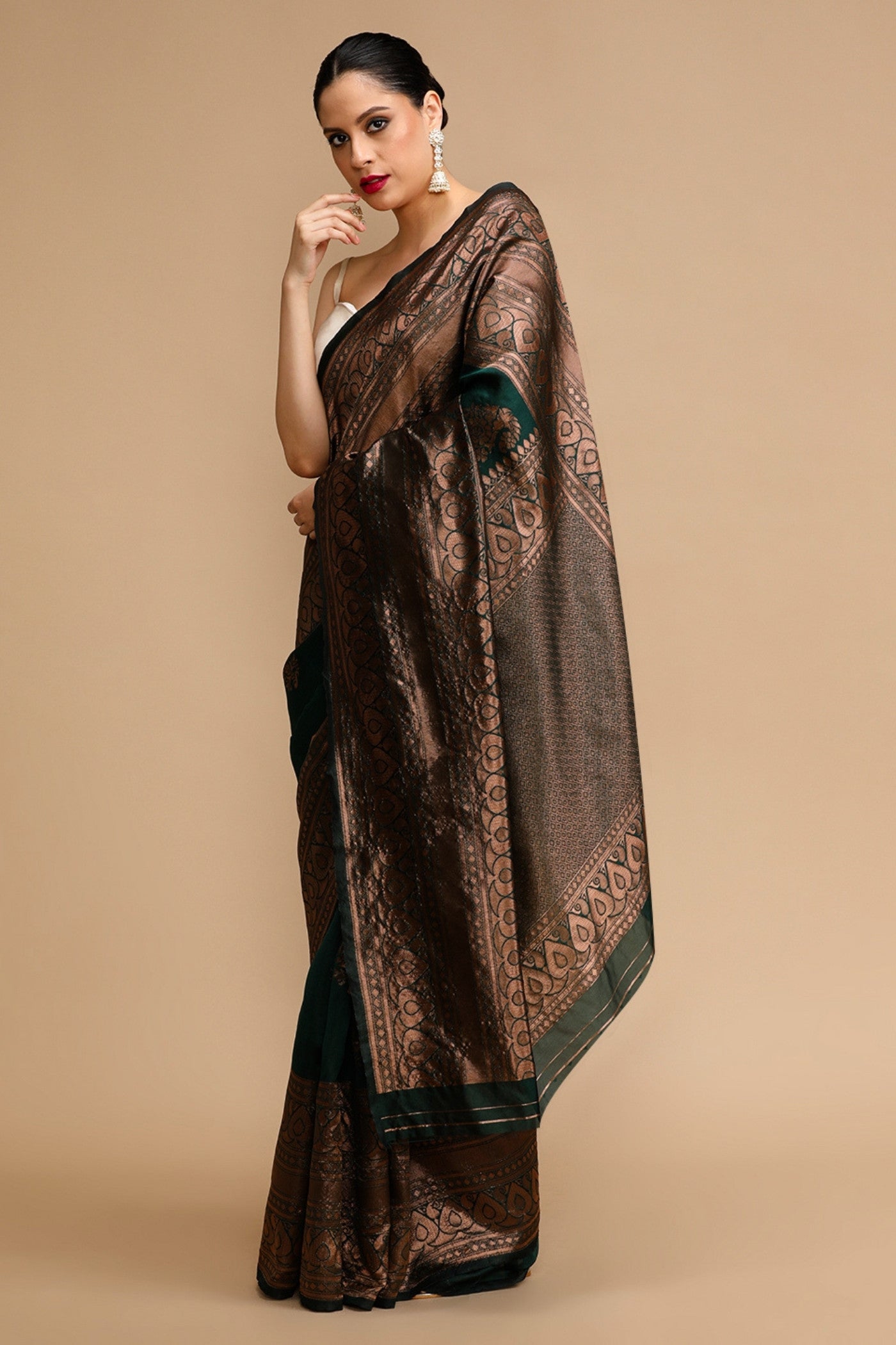Buy MySilkLove Copper Green Woven Jacquard Lichi Silk Saree Online