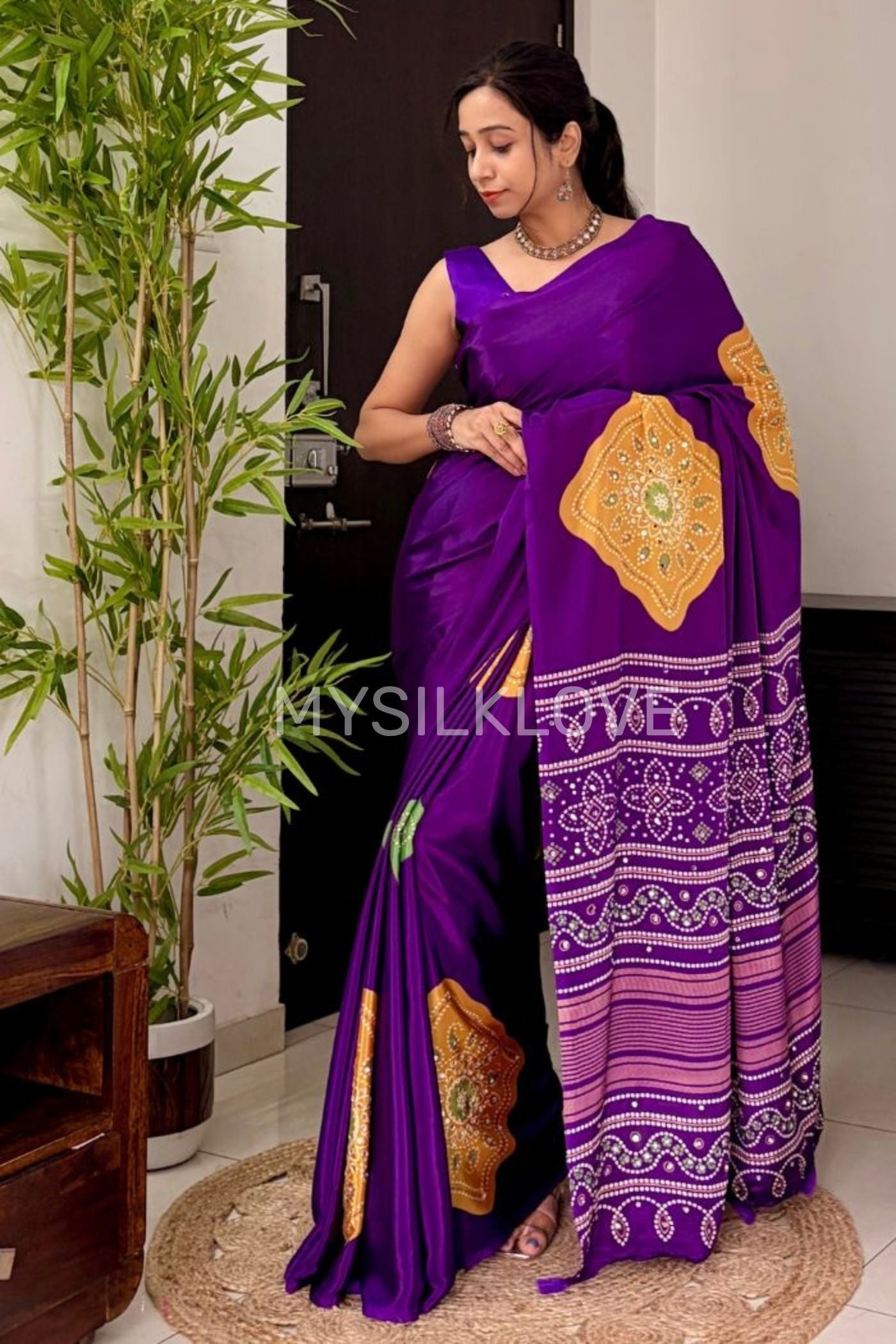 Buy MySilkLove Amethyst Purple Ajrakh Satin Printed Mirror Work Saree Online