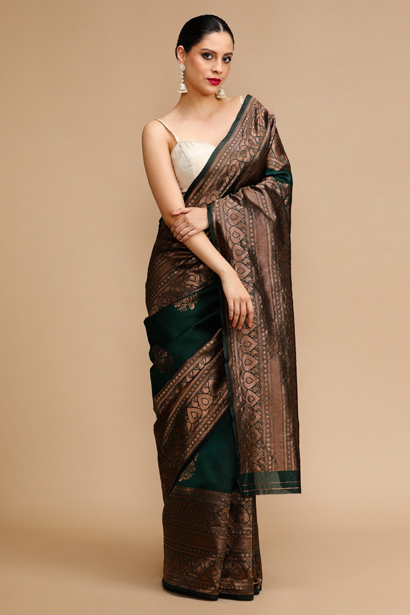 Buy MySilkLove Copper Green Woven Jacquard Lichi Silk Saree Online