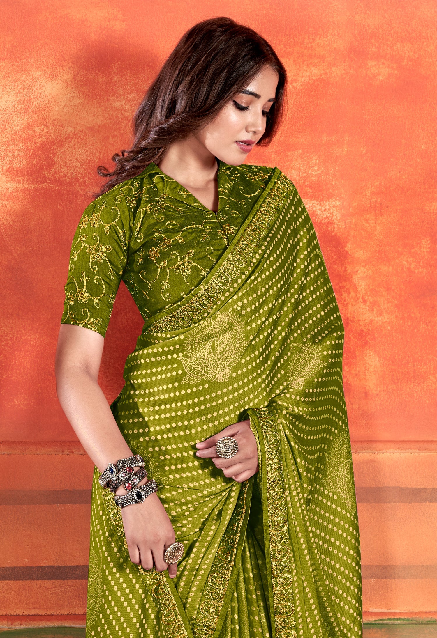 MySilkLove Corn Harvest Green Chiffon Saree With Embroidery Work