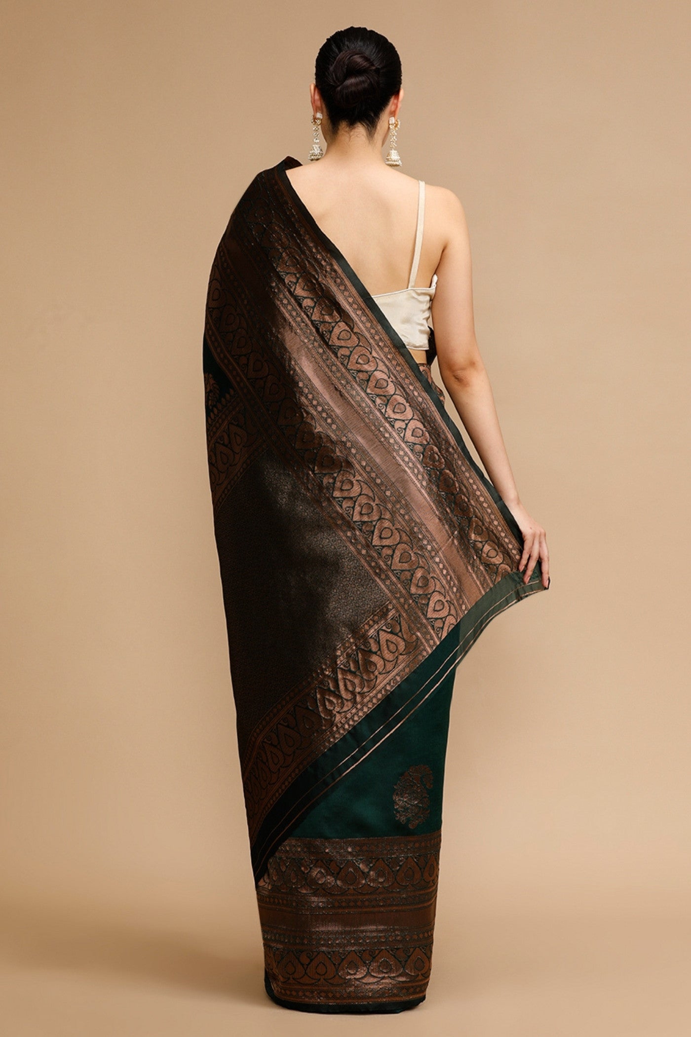 Buy MySilkLove Copper Green Woven Jacquard Lichi Silk Saree Online