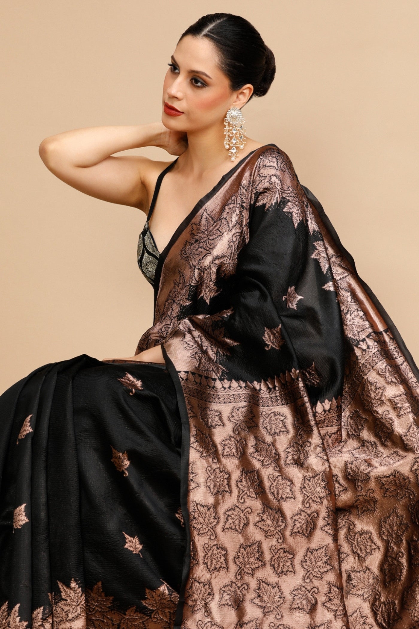 Buy MySilkLove Ash Black Woven Jacquard Lichi Silk Saree Online