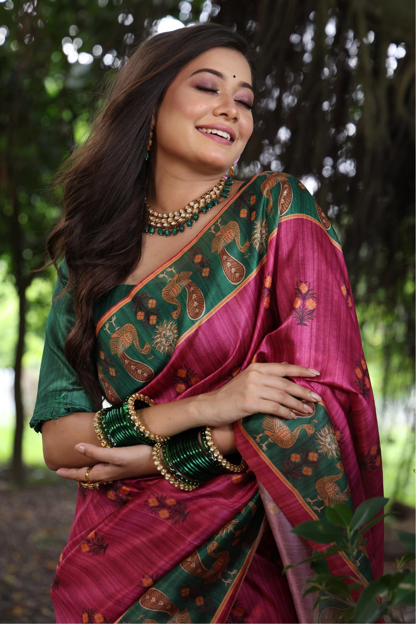 MySilkLove Flamingo Pink Madhubani Tussar Printed Silk Saree