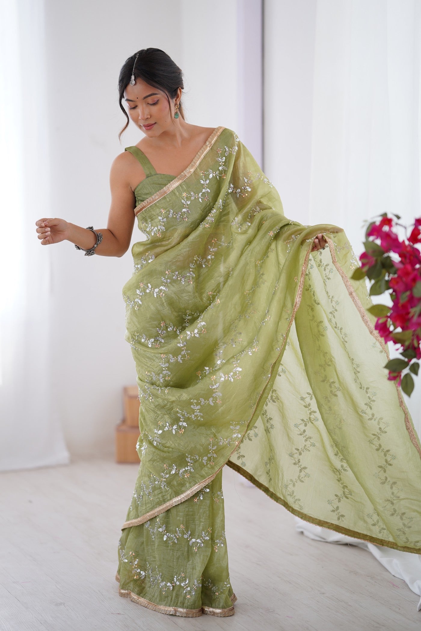 Buy MySilkLove Pista Green Designer Partywear Saree Online