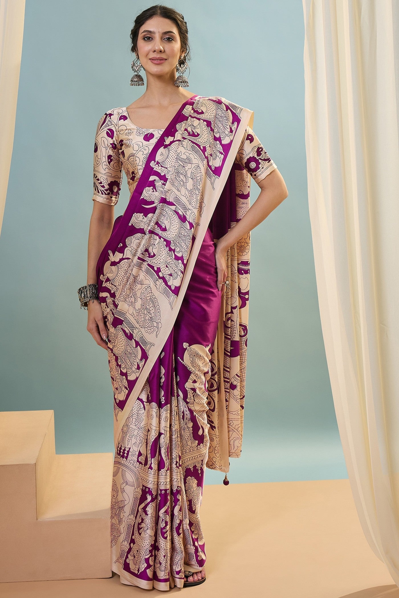 Buy MySilkLove Jam Purple Ajrakh Printed Satin Crepe Silk Saree Online