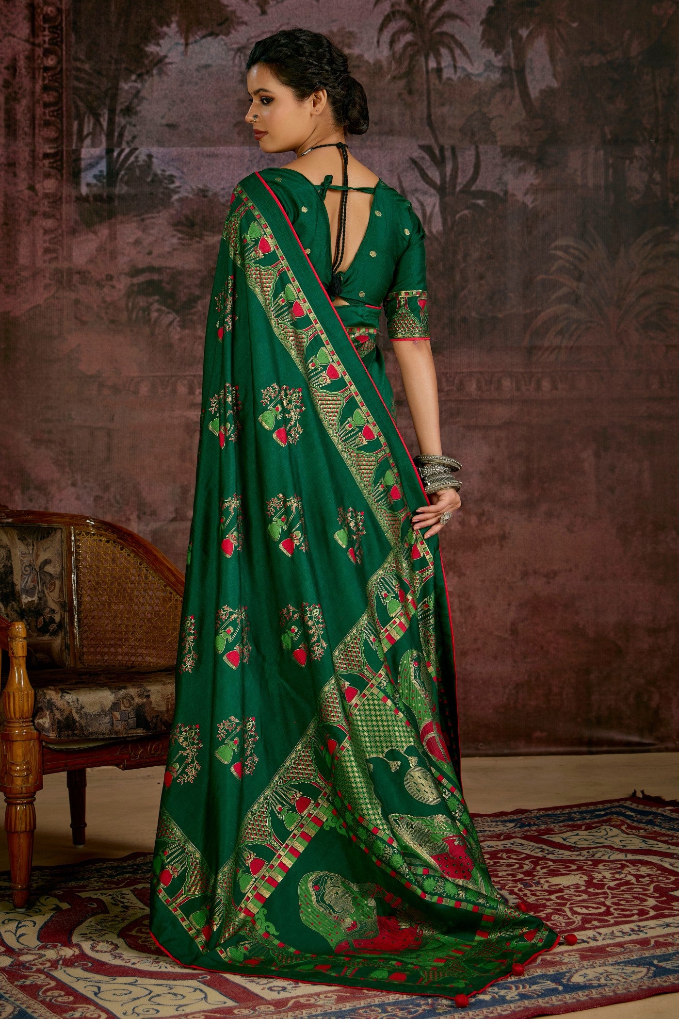 Buy MySilkLove Dark Leaf Green Tussar Rajwadi Printed Silk Saree Online