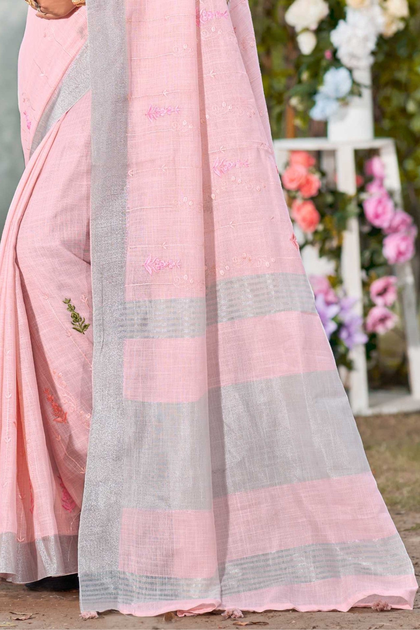 Buy MySilkLove Dusty Pink Woven Cotton Linen Saree Online