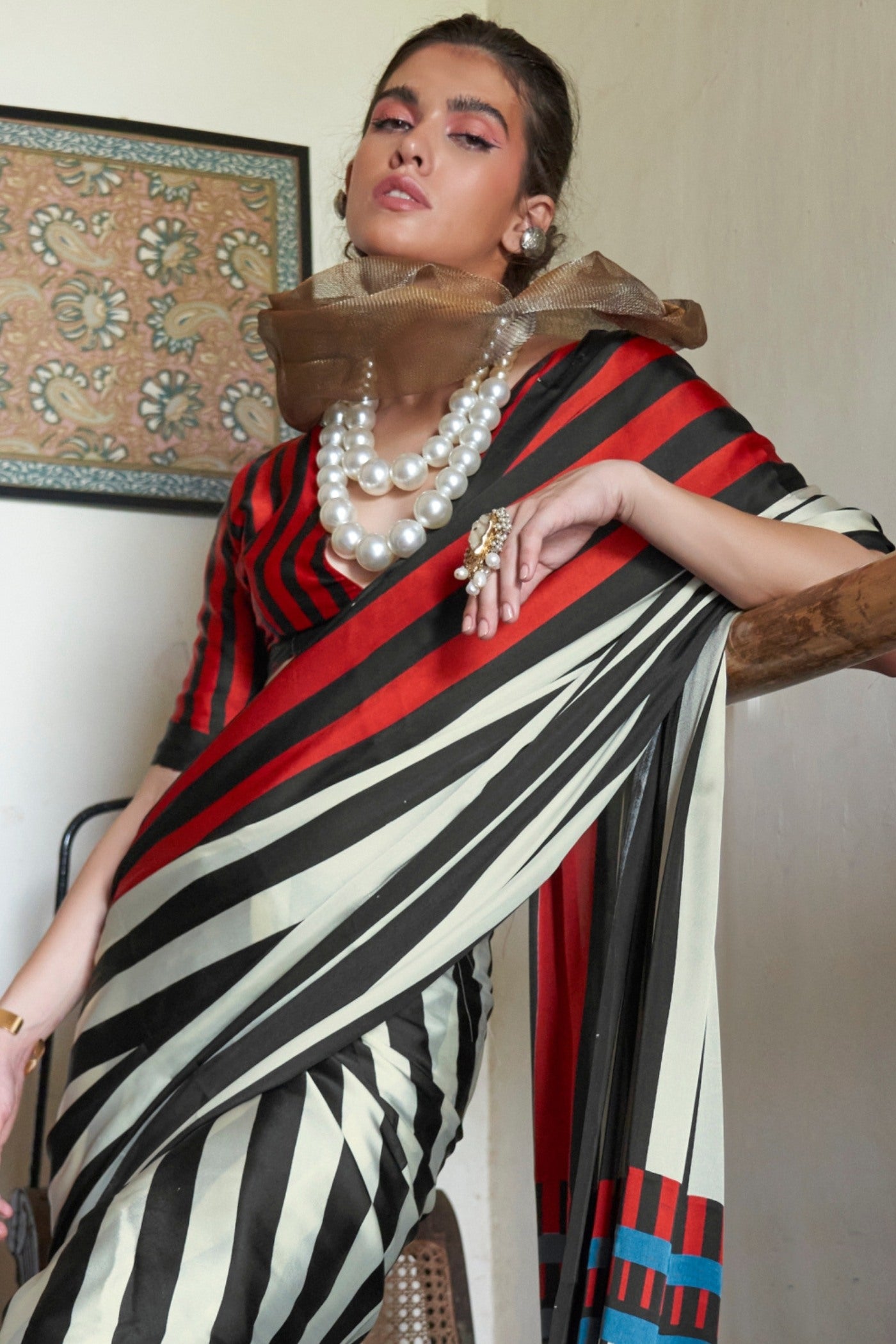 Buy MySilkLove Crow Black and White Stripes Printed Satin Crepe Silk Saree Online