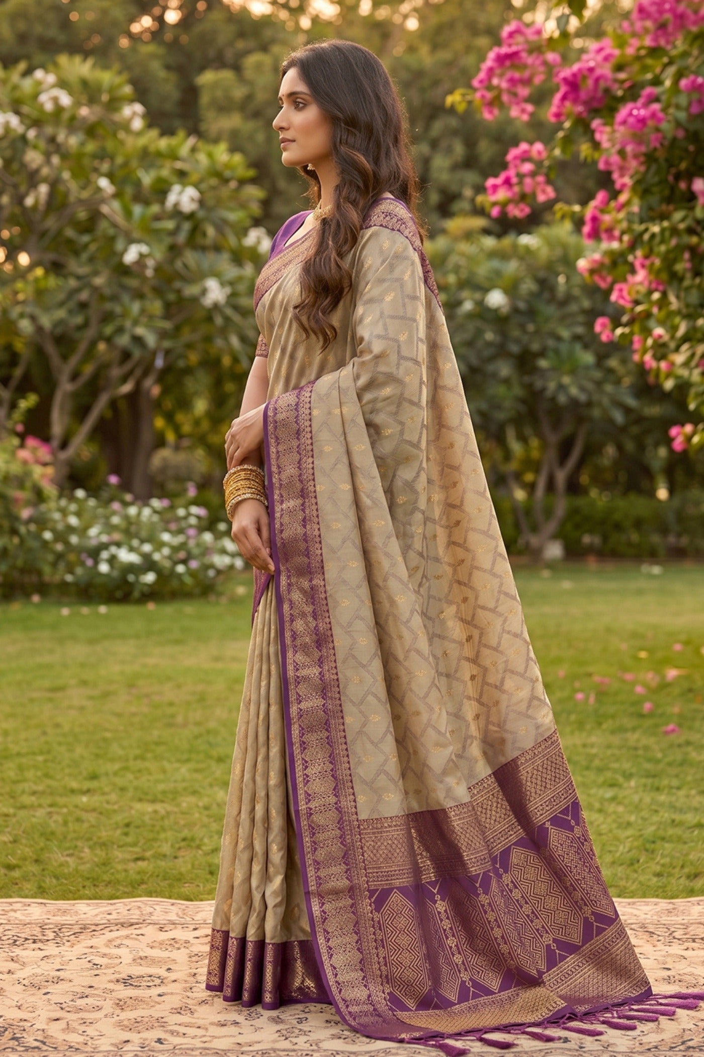 Buy MySilkLove Antique Cream and Purple Woven Banarasi Cotton Saree Online