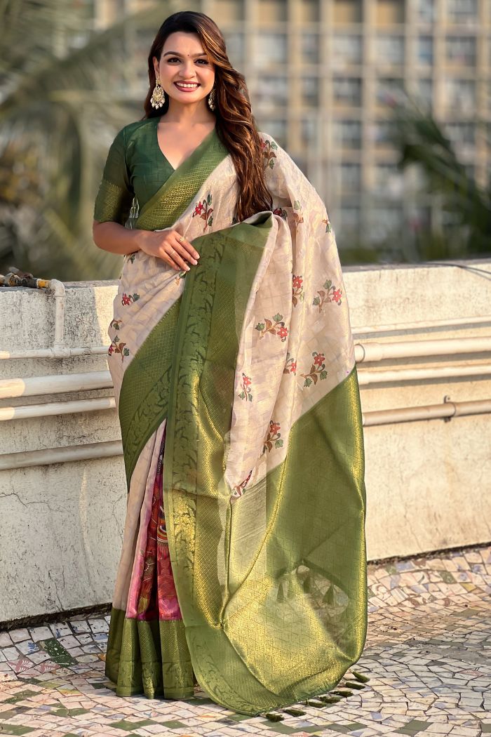 Buy MySilkLove Heathered Cream and Green Woven Cotton Saree Online