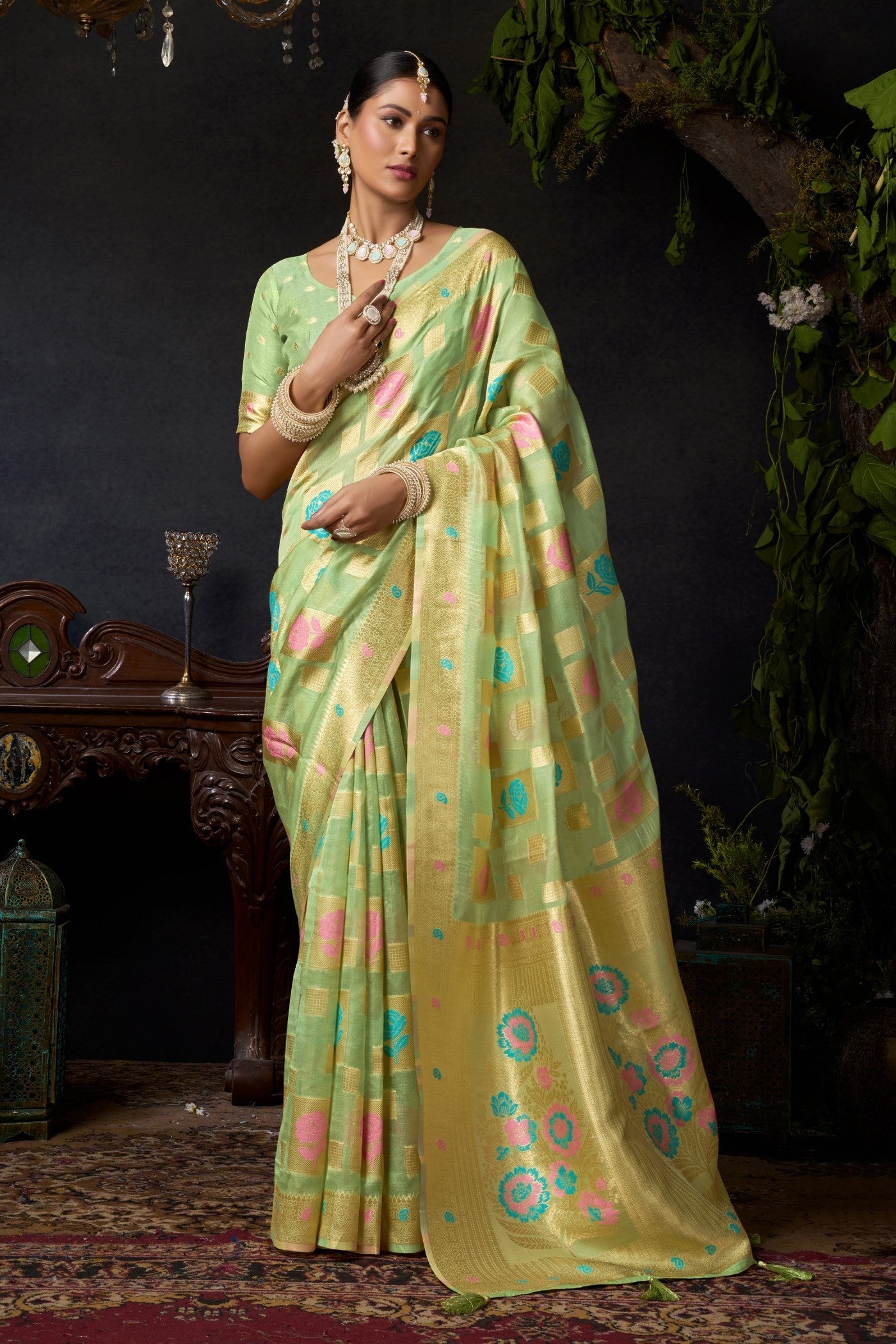 Buy MySilkLove Pista Green Woven Banarasi Organza Saree Online
