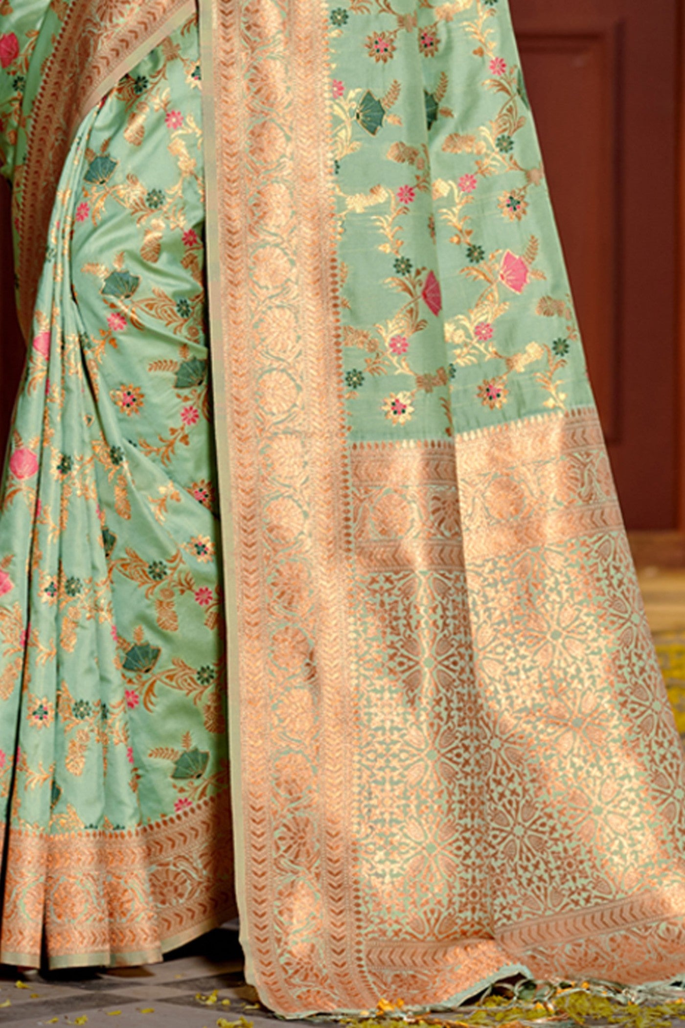 Buy MySilkLove Tree Green Yellow Zari Woven Banarasi Saree Online