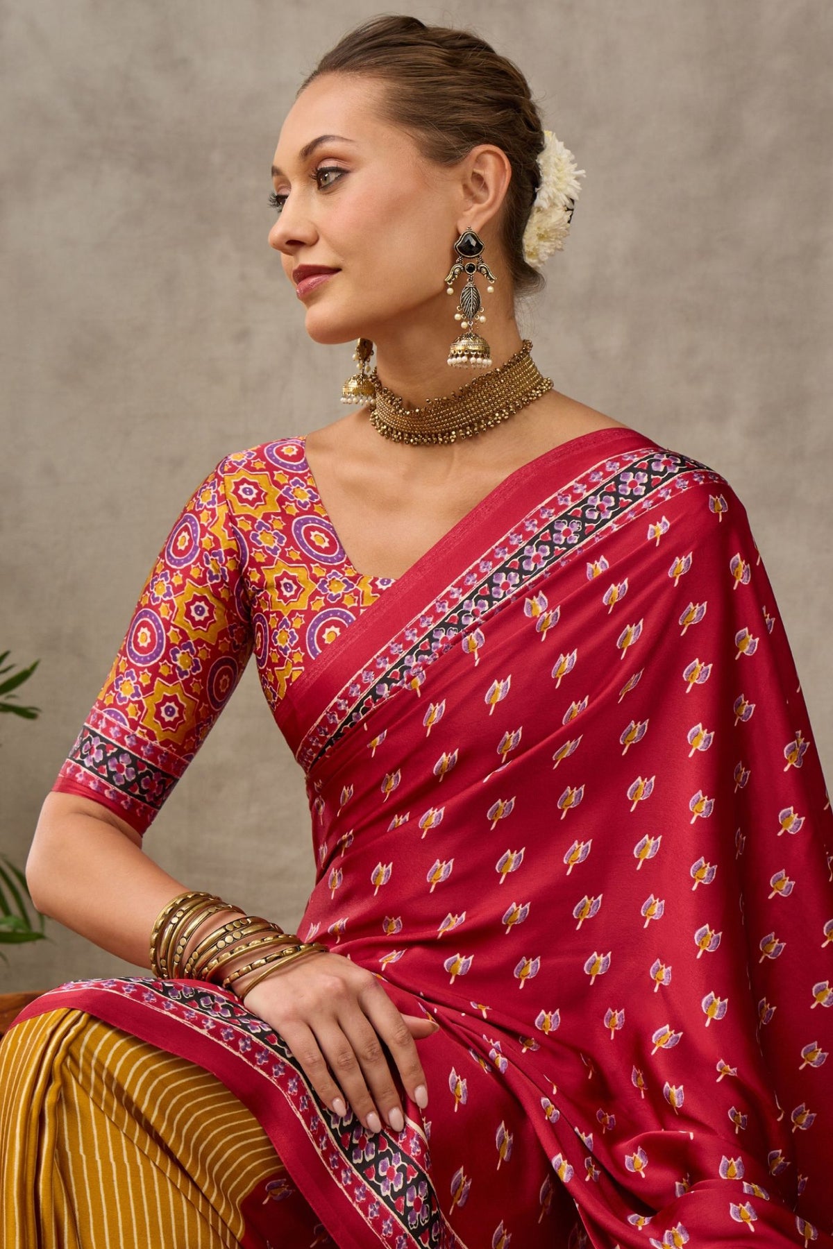 Buy MySilkLove Scarlet Red and Yellow Modal Satin Printed Silk Saree Online