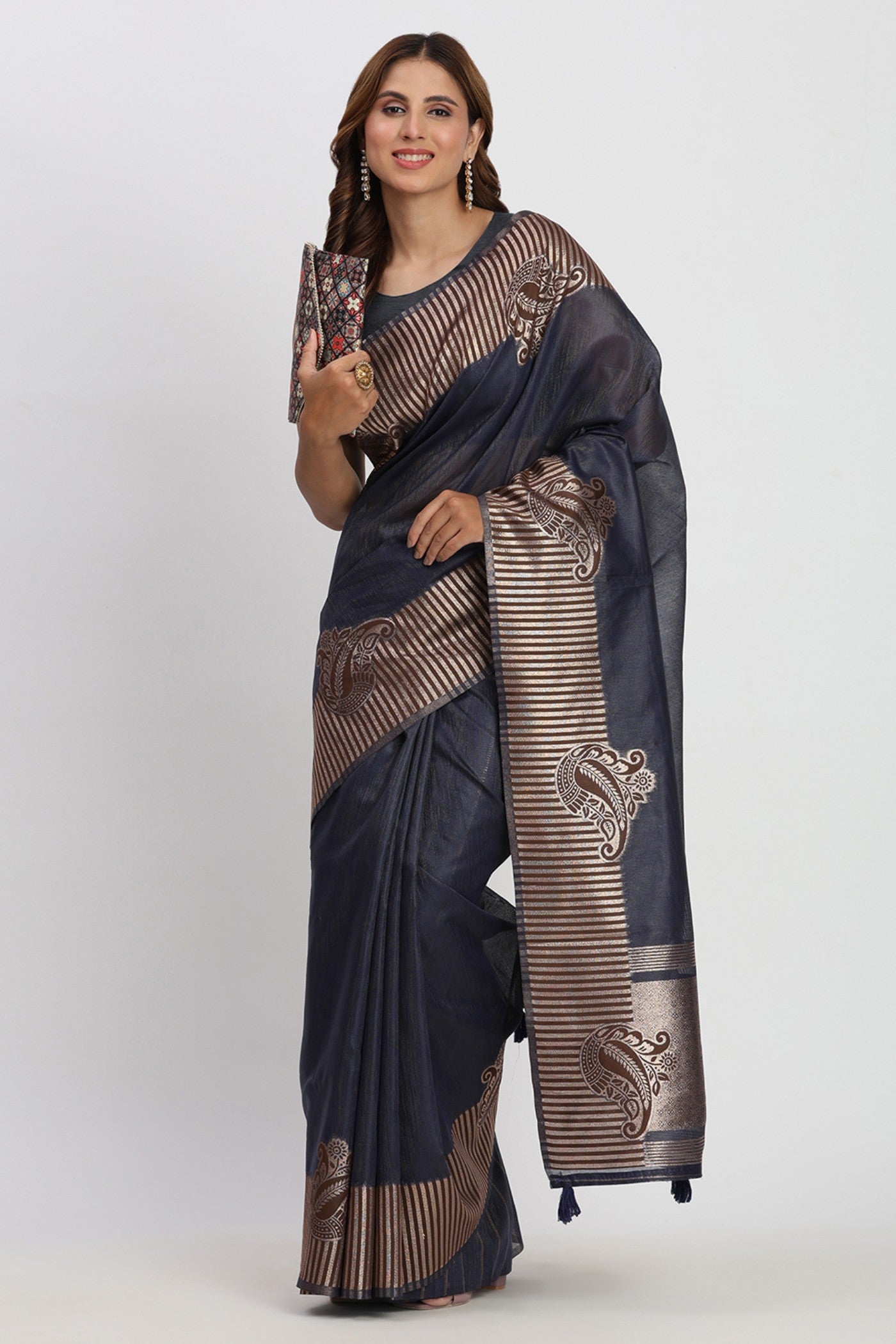 Buy MySilkLove Navy Blue Woven Linen Cotton Saree Online