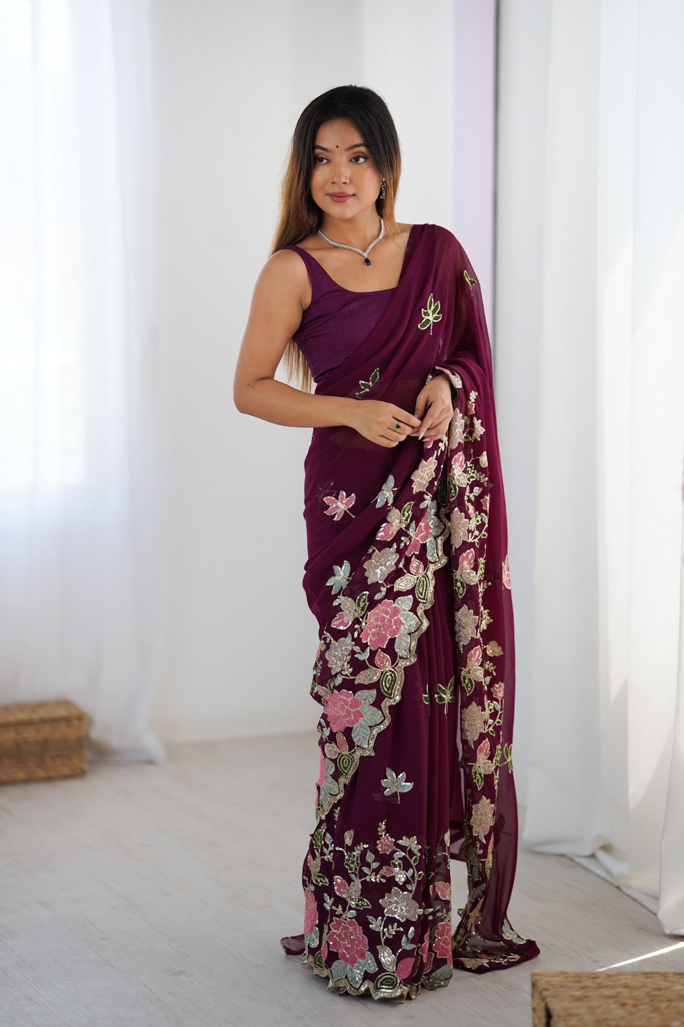 Buy MySilkLove Wine Purple Georgette Partwaer Saree Online