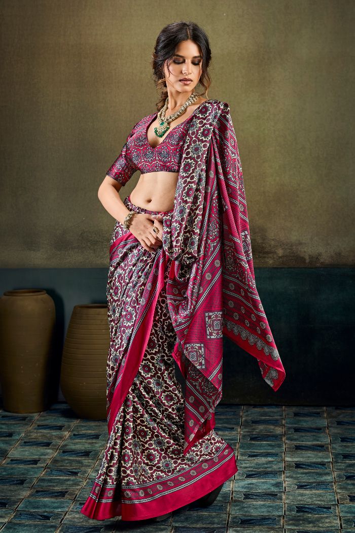 Buy MySilkLove Elegant Maroon Modal Ajrakh Satin Printed Silk Saree Online