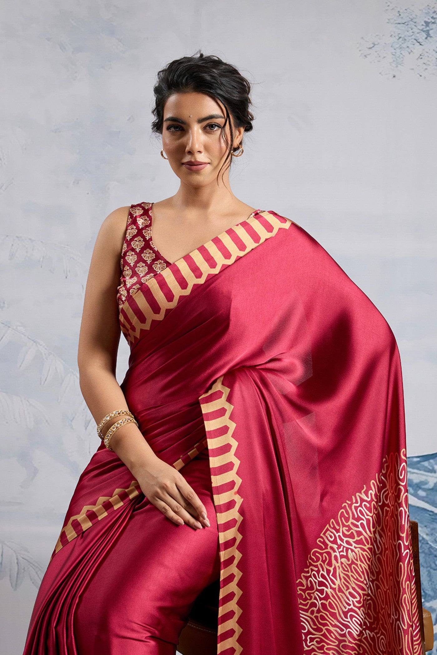 MySilkLove Spark Red Printed Satin Crepe Silk Saree