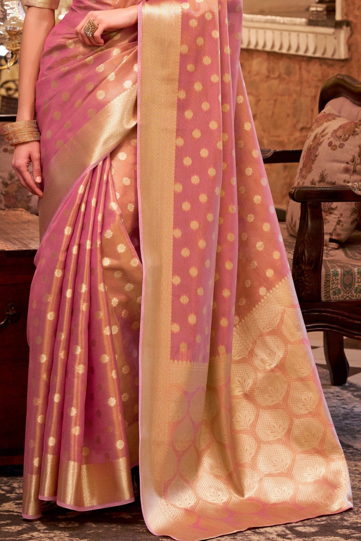 Buy MySilkLove Rose Peach Woven Tissue Silk Saree Online