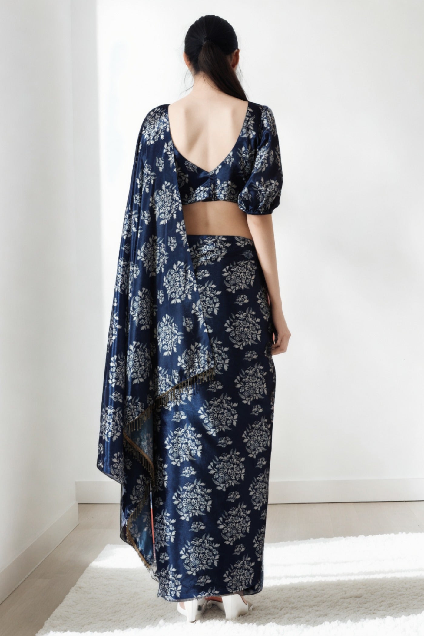 Buy MySilkLove Mulled Blue Chinon Digital Printed Ready To Wear Saree Online