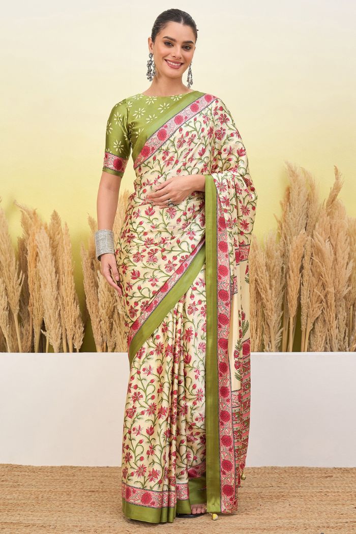 Buy MySilkLove Warm Cream Modal Satin Printed Silk Saree Online